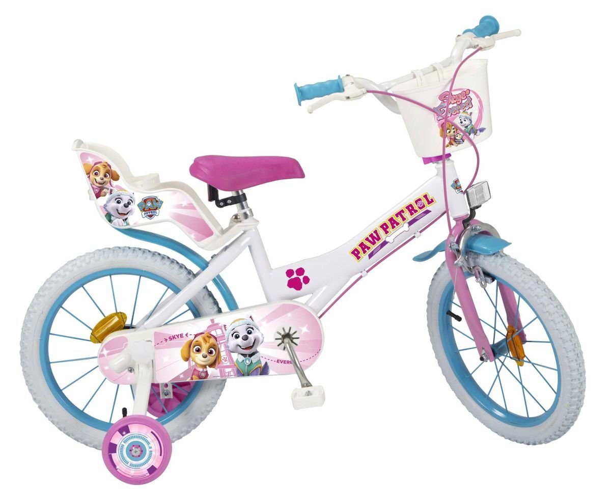 Toimsa Bikes Paw Kinder Bike Puppensitz, Fahrrad Korb, Mädchenfahrrad Rad Stützräder 16 Zoll Weiß, Mädchen Kinderfahrrad 1 Patrol Gang