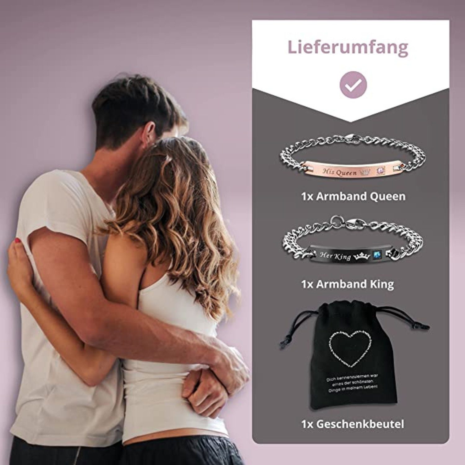 Binego Armband mit Gravur Her King His Queen Partnerarmbänder Geschenk Armbänder (Set, 2-tlg., inklusive Geschenkbeutel), Geschenkset mit Geschenkbeutel