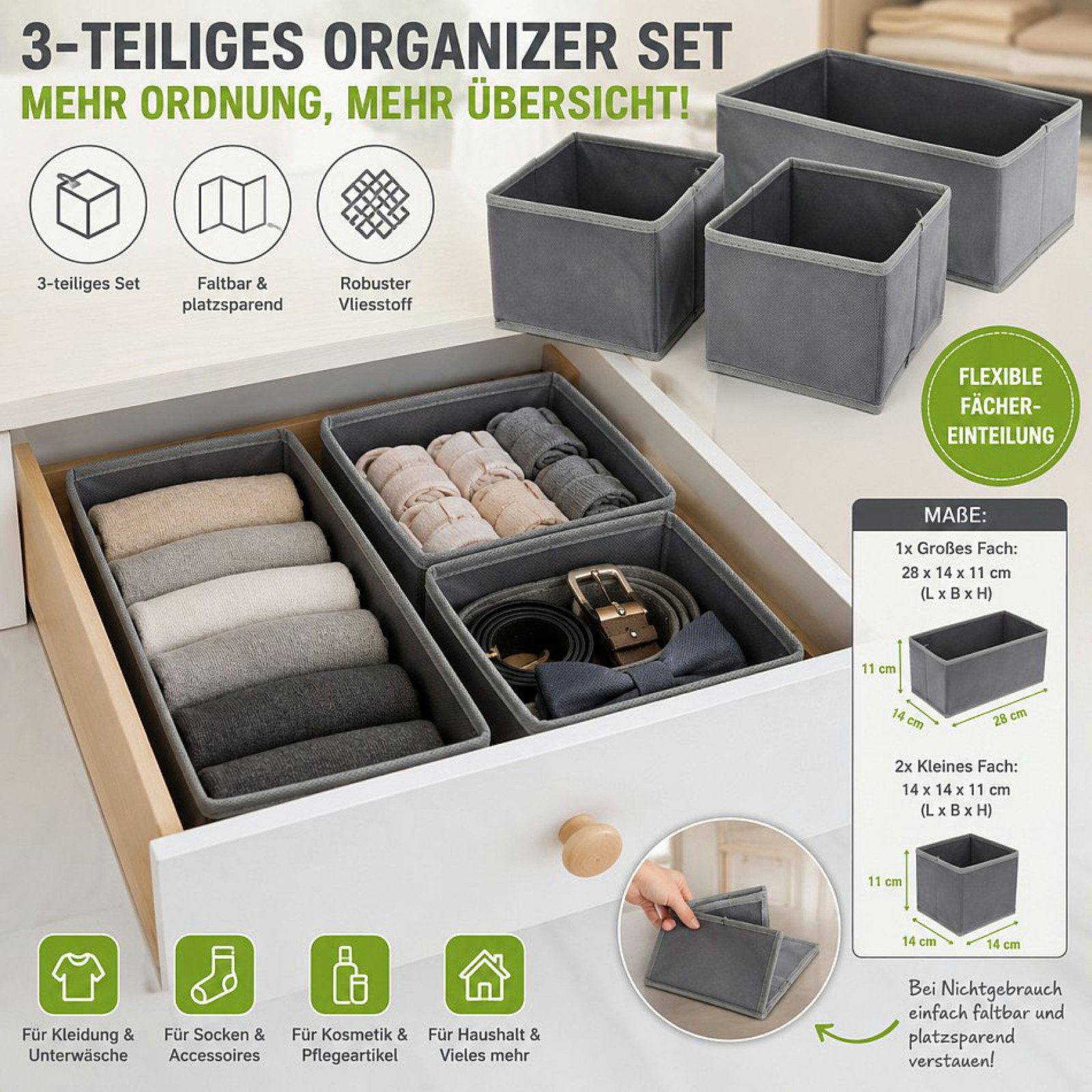 Koopman Aufbewahrungsbox Sortierboxen Tischorganizer Stoff 3 Größen 3tlg (Set, 3 St., Packung), 28x14x11cm, faltbar, 14x14x11cm, Grau