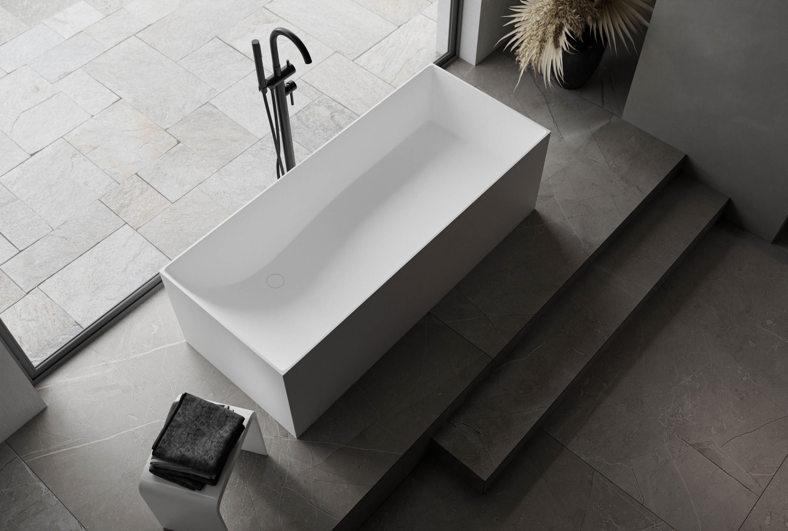 Bernstein Badewanne LUNA STONE 170 x 72 cm, Freistehende Badewanne Mineralguss matt eckig