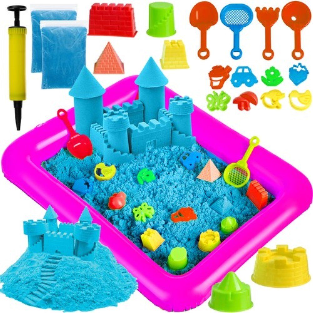 KRUZZEL Sandform-Set Sandkasten Deluxe inkl. Formen, (Spielzeugset, Sandkasten-Set: Aufblasbarer Sandkasten, 2 kg Sand, 14 Formen), Kreativer Sand mit vielseitigen Formen