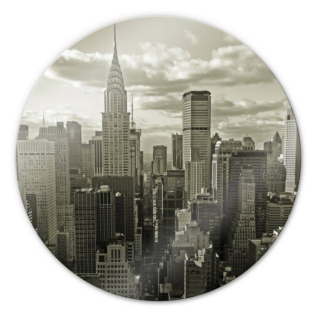 K&L Wall Art Gemälde Glas Wandbild Rund Glasbild Büro Manhattan Skyline retro Nostalgie, Wandschutz Deko Bilder