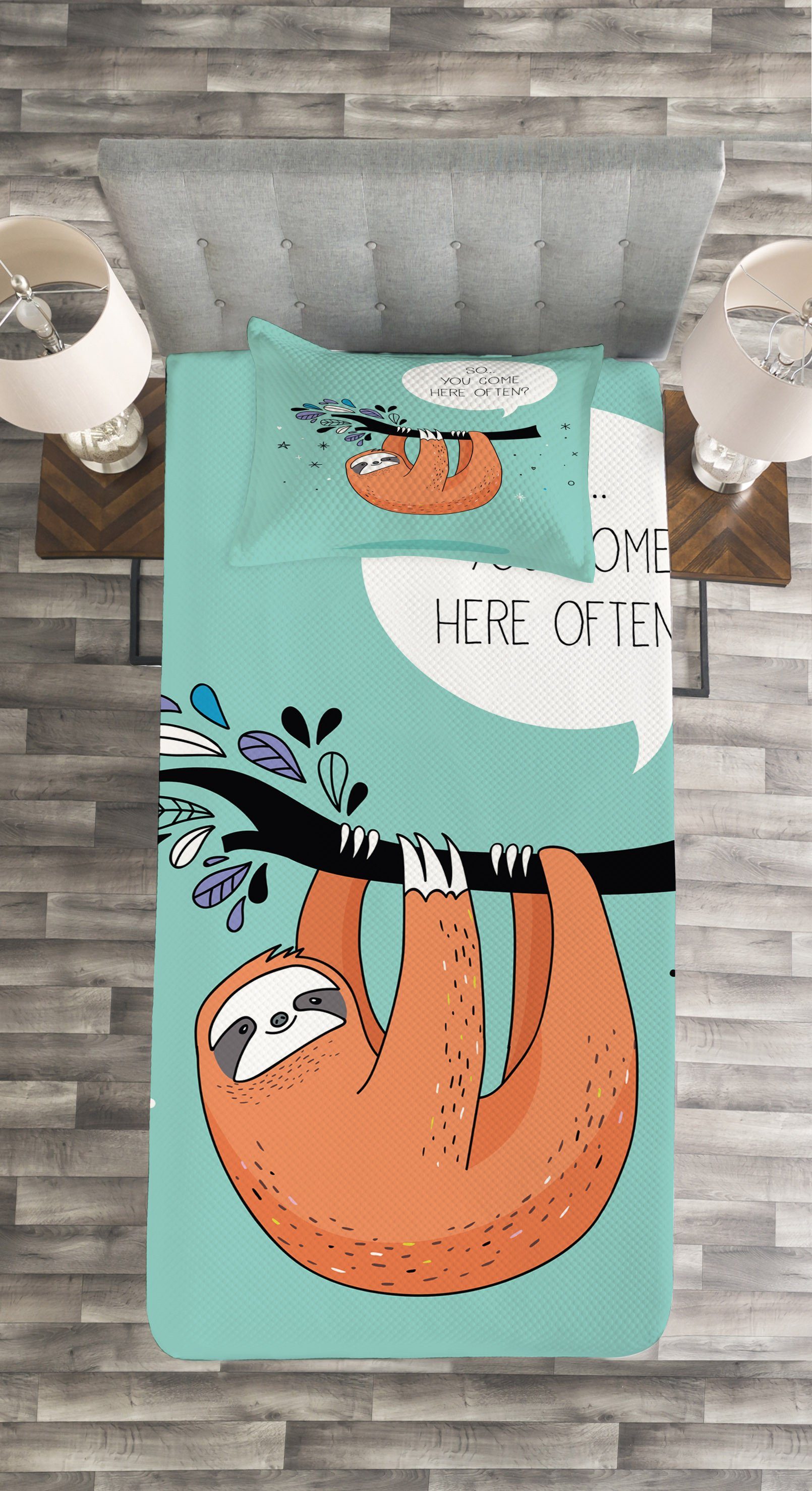 Abakuhaus, Sloth Cartoon Faultier mit Tagesdecke Flirty Set Kissenbezügen Waschbar,