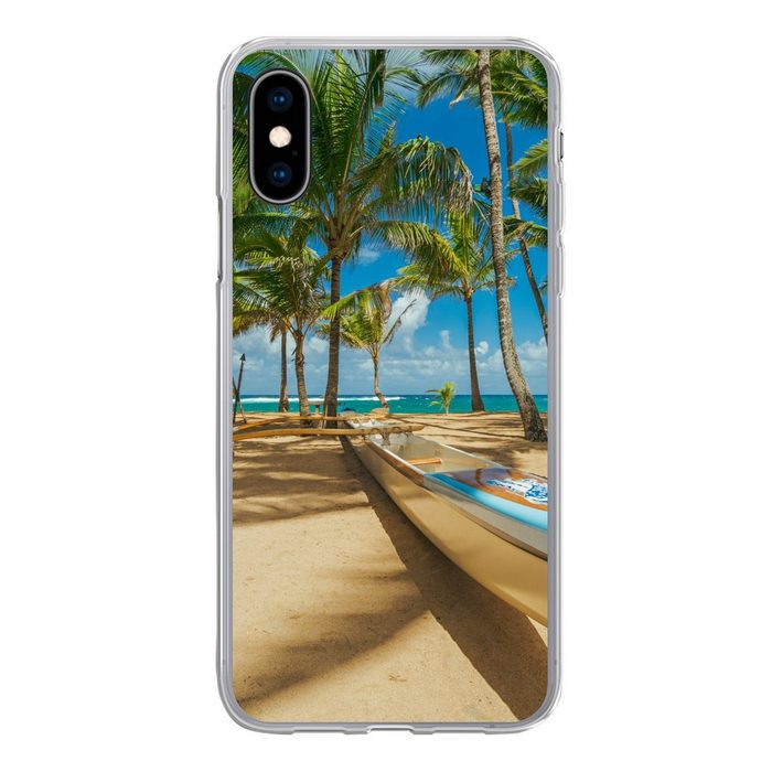 MuchoWow Handyhülle Boot zwischen Palmen am Strand von Maui Handyhülle Apple iPhone X/10 Smartphone-Bumper Print Handy