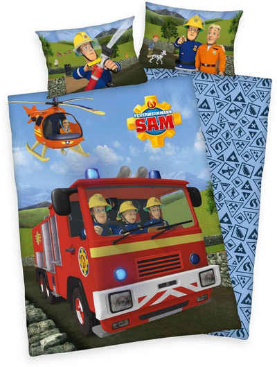 Babybettwäsche Feuerwehrmann Sam, Feuerwehrmann Sam, Renforcé, 2 teilig, mit Löschzug und Helikopter