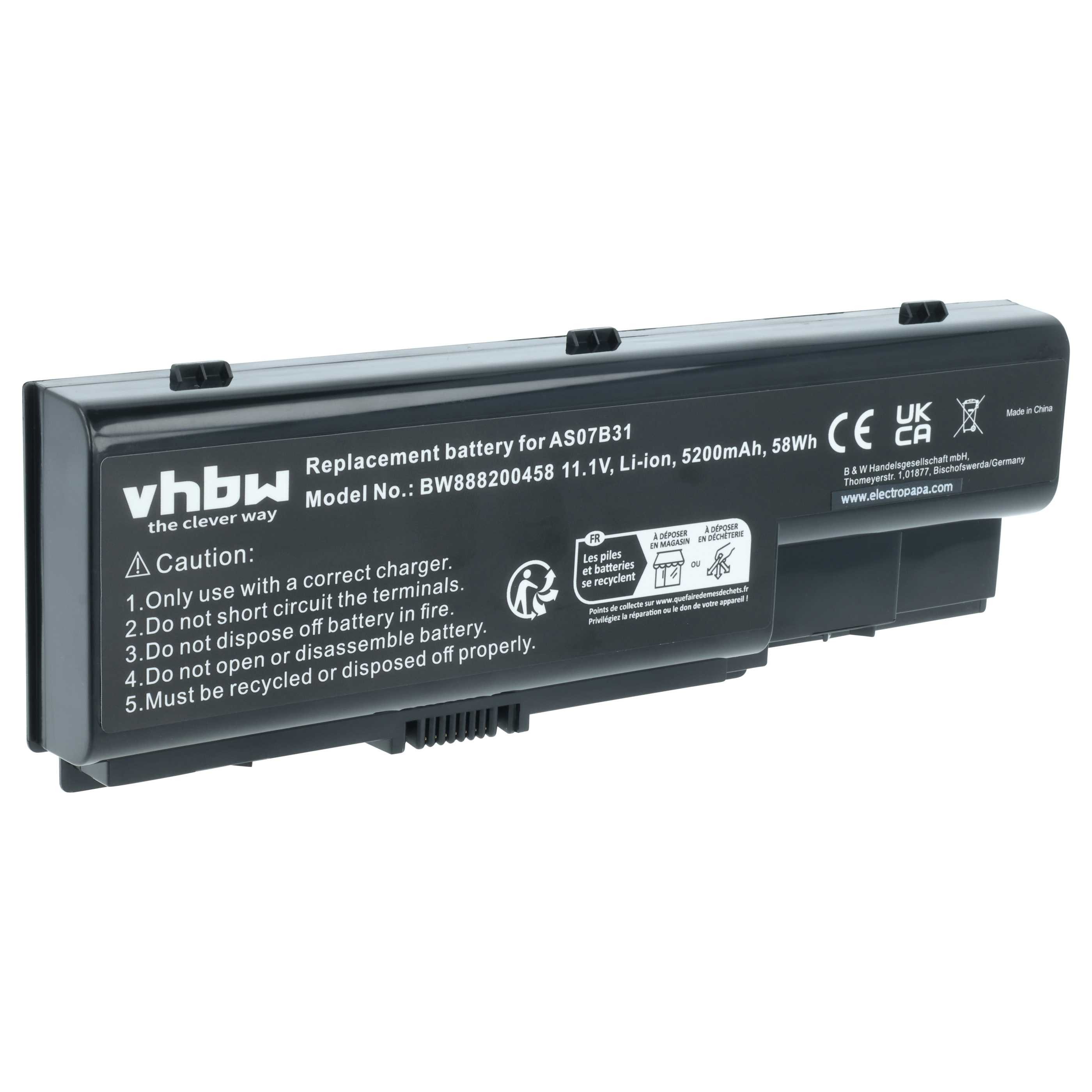 vhbw Akku passend für Acer Aspire 7539, 7710, 7535G, 7540G, 7520Z, 7520ZG, Laptop-Akku Akku Li-Ion 5200 mAh (11,1 V, 1 St), Leistungsfähiger Austausch-Akku für Notebook, Wiederaufladbar, Jede