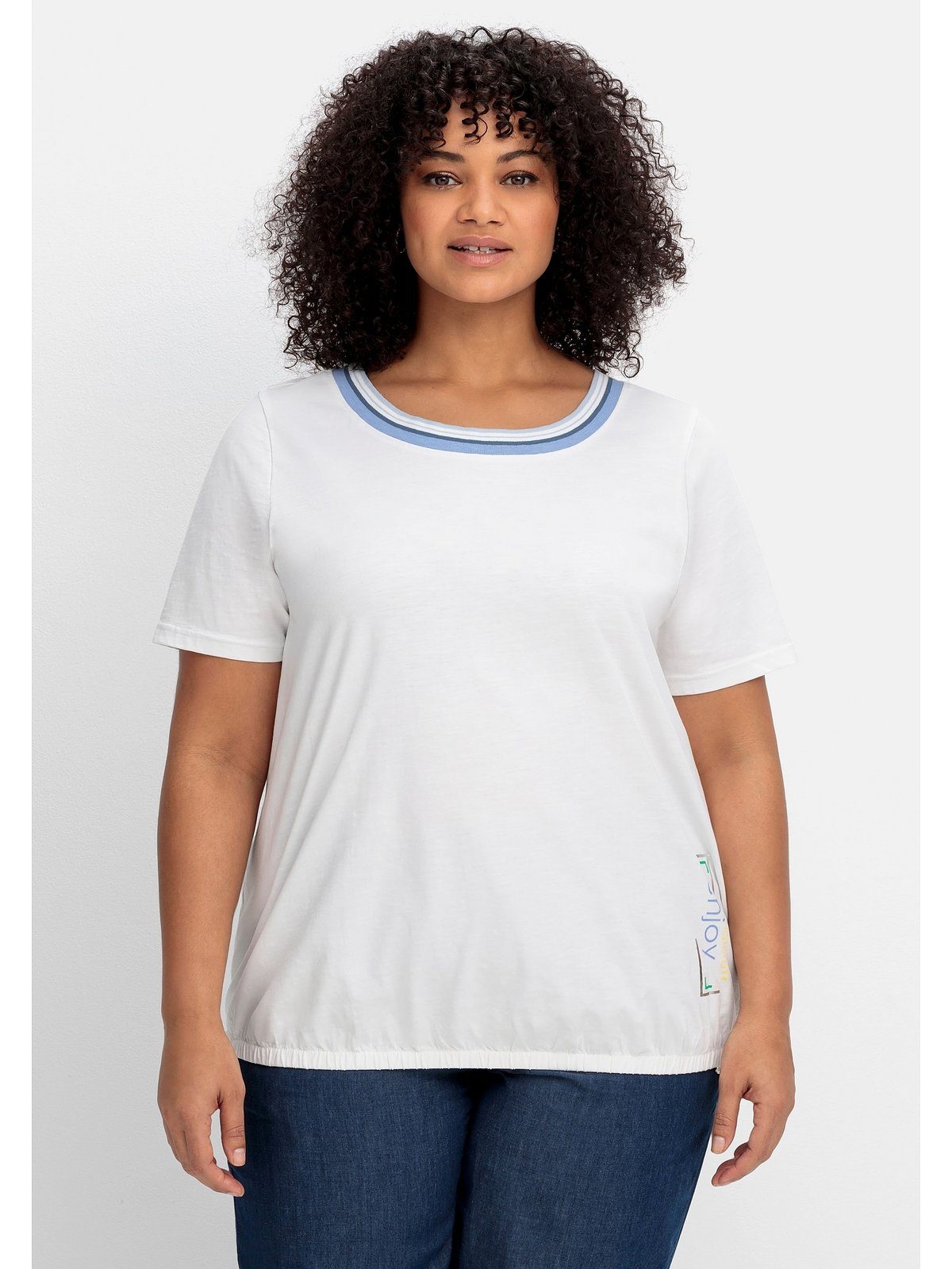 Sheego T-Shirt Große Größen mit gestreifter Rippblende und Gummizugbund weiß