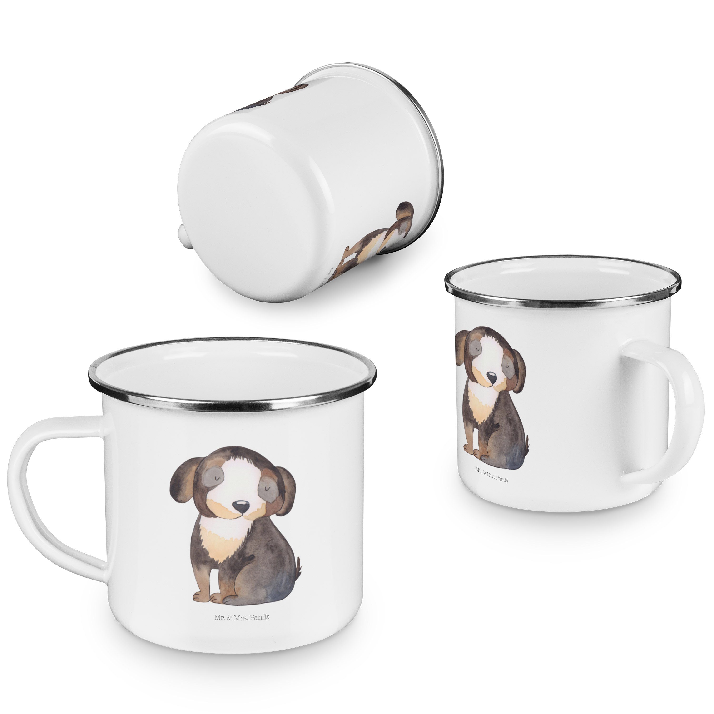 Mr. & Mrs. Panda Becher Emaille - Metalltasse, Sprüche, Geschenk, Hund entspannt Weiß Hun, Haustier, 