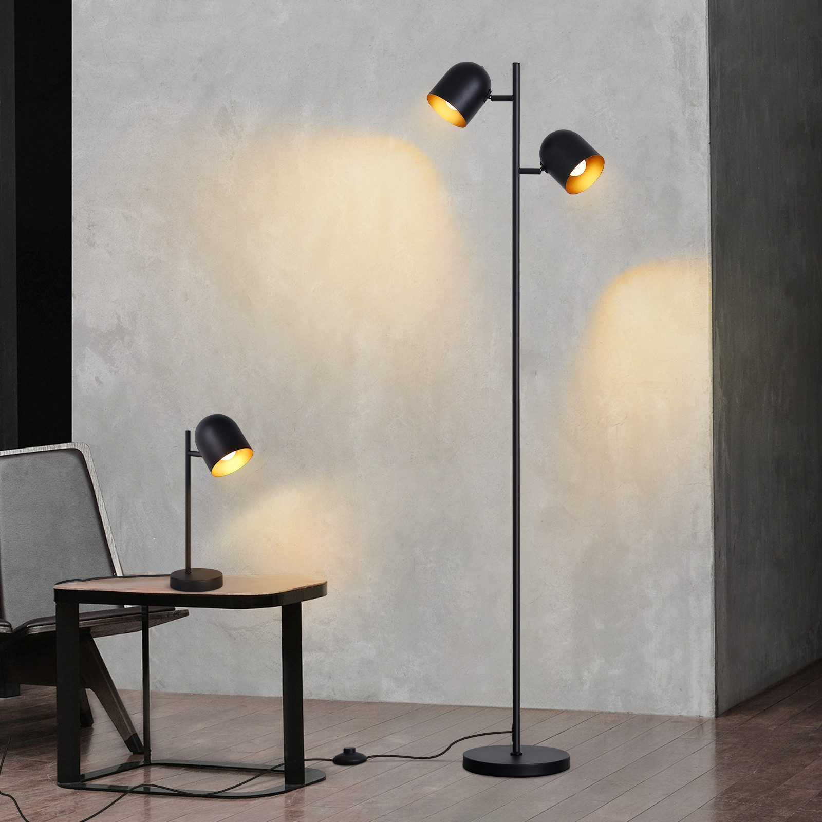 ZMH Stehlampe Wohnzimmer 2 Flammig Schwarz Gold E14 Retro Standlampe Schlafzimmer, Einfache Installation, ohne Leuchtmittel, Schwenkbar 350° Standleuchte Vintage Leselampe Metall