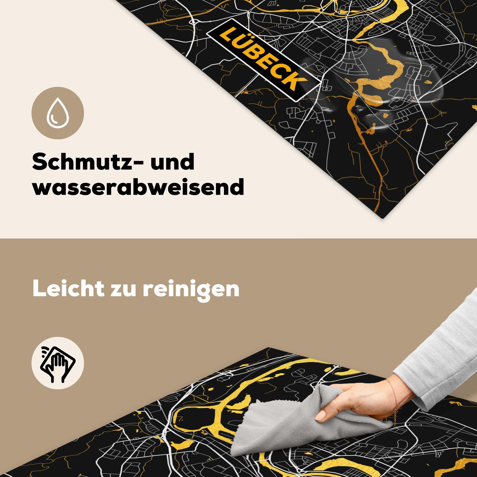 Arbeitsplatte Karte Deutschland, - - MuchoWow tlg), - Herdblende-/Abdeckplatte - küche Lübeck Ceranfeldabdeckung, Stadtplan Vinyl, (1 für Gold 78x78 cm,