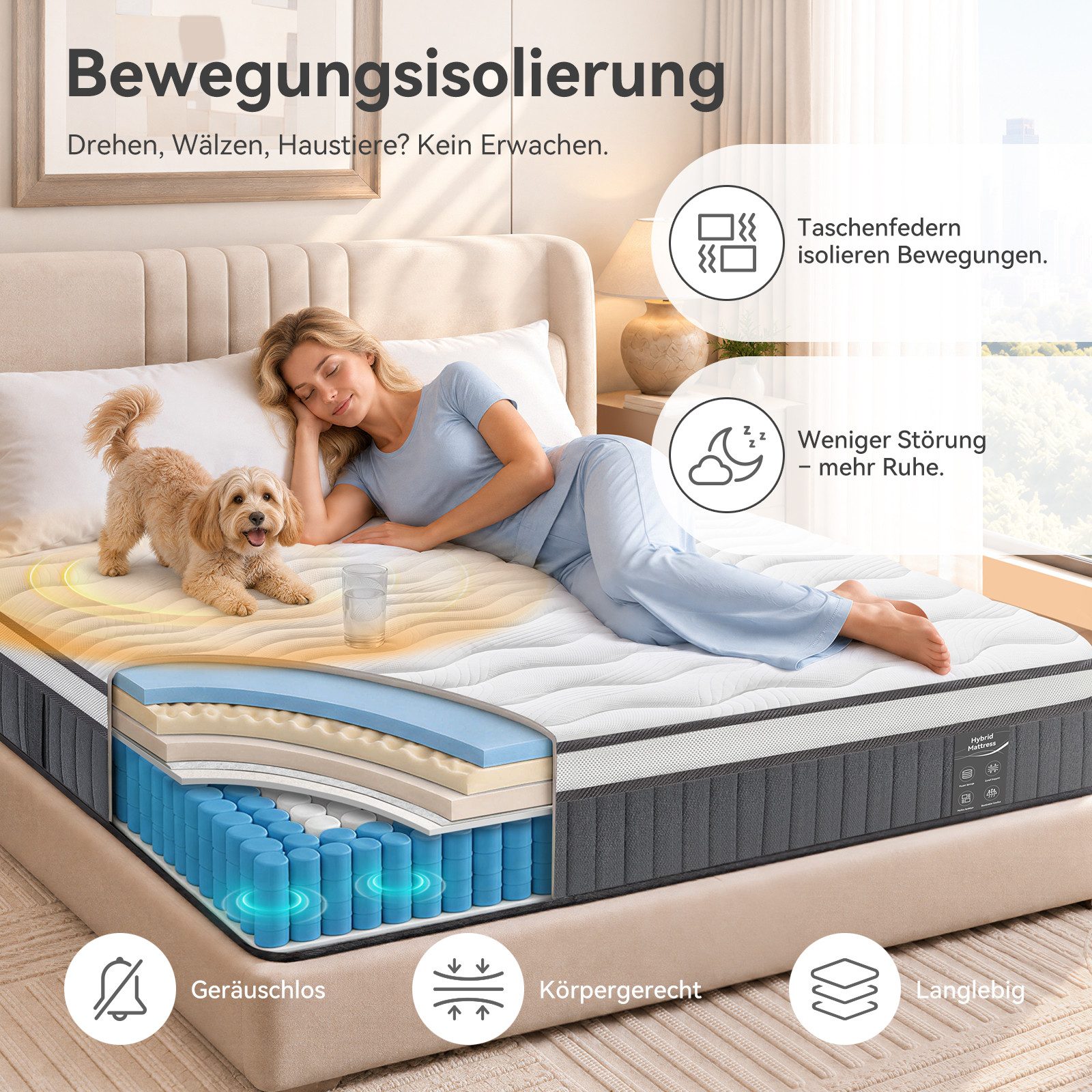 Taschenfederkernmatratze 7-Zonen Taschenfederkern Hybridmatratze Gel-Memory atmungsaktiv H3/H4, NicePlus, 22 cm hoch, Atmungsaktiv , Kühlend, Orthopädisch, Punk – Bild 3 von 5