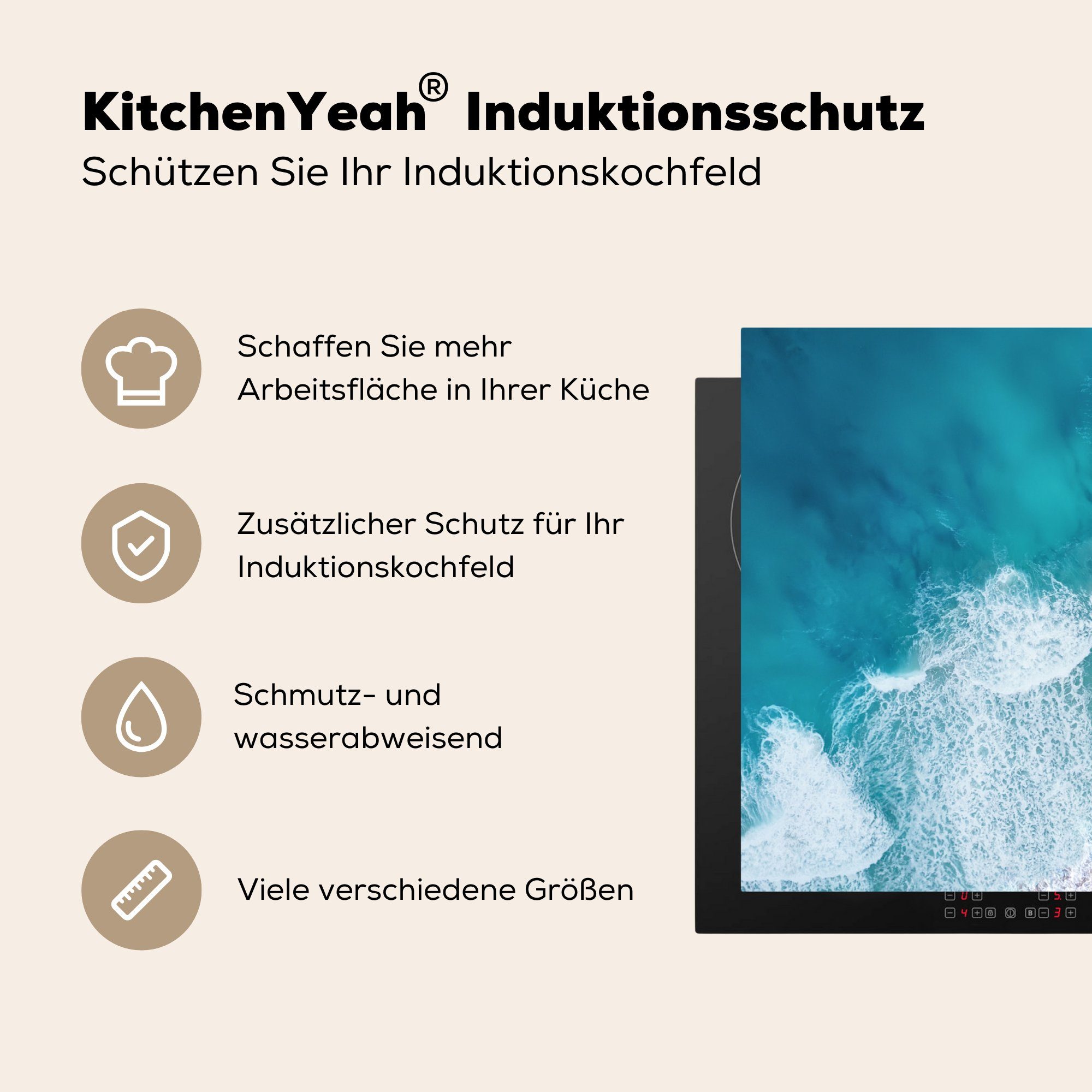 Induktionsschutz küche MuchoWow - Herdblende-/Abdeckplatte Strand Arbeitsplatte - Wasser Vinyl, (1 Ceranfeldabdeckung, Sommer, 83x51 cm, tlg), für -