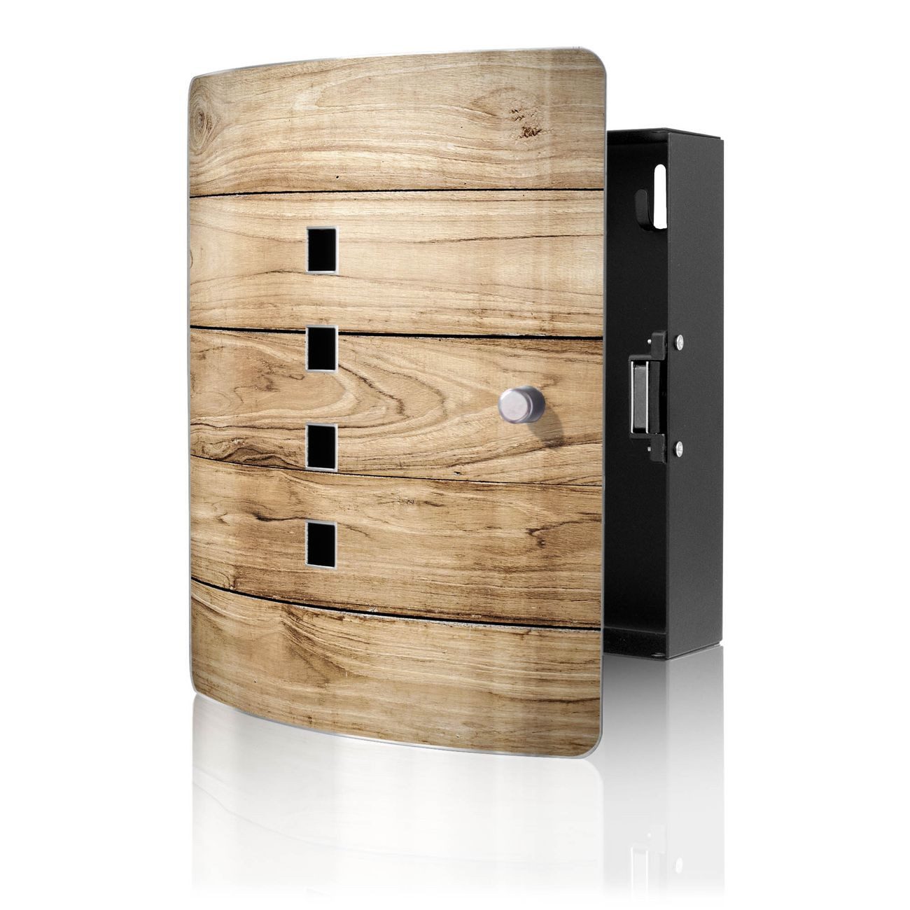 banjado Schlüsselkasten Edelstahl mit Motiv Holzplanken (verstellbarer Magnetverschluss, mit 10 Haken, gebogene Tür, einstellbarer Magnet), 24 x 21,5 x 7 cm