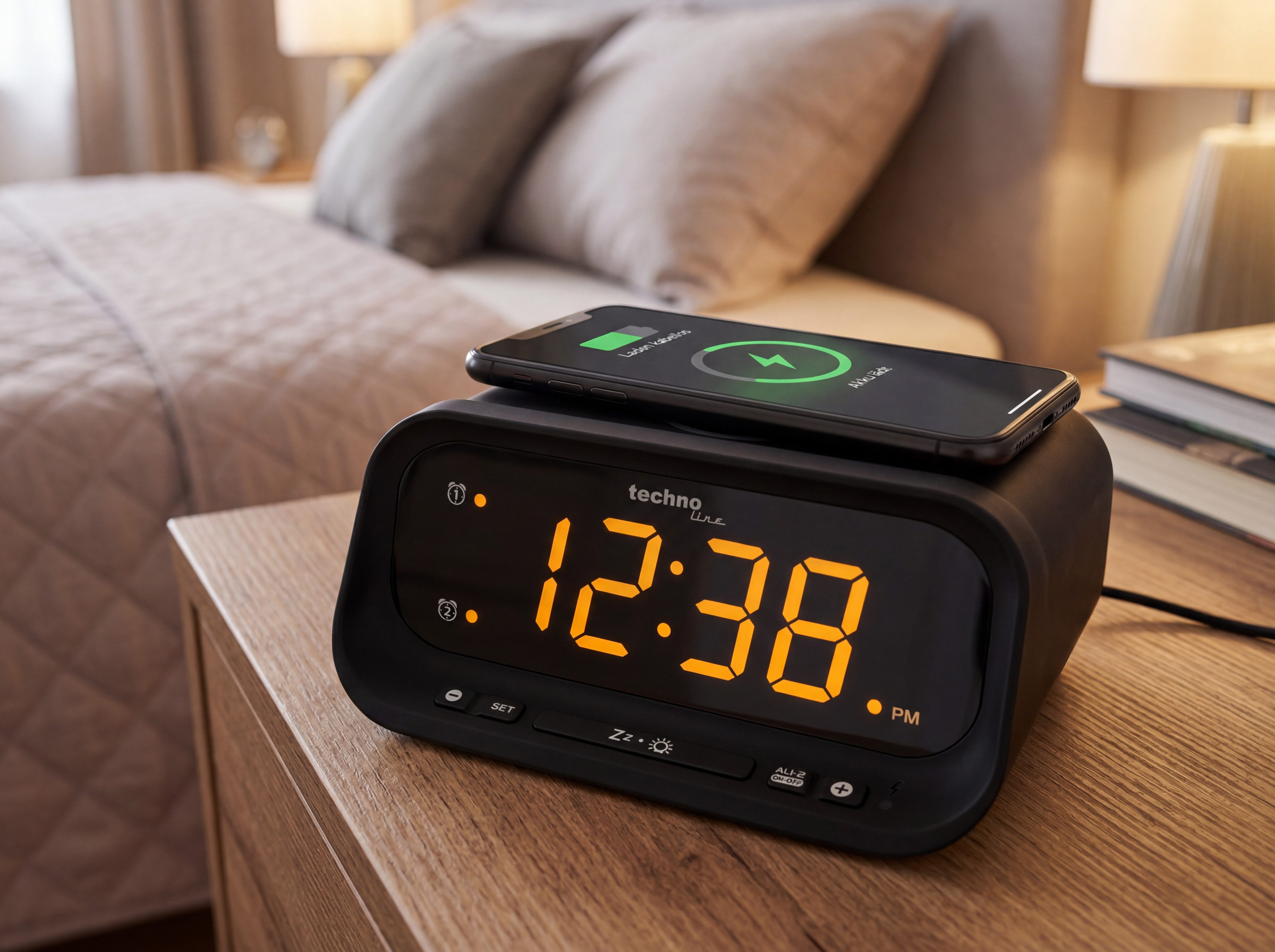 technoline Wecker WT 477 Qi-Ladefunktion, dualem Alarm und USB-Anschluss, Dimmbares LED Display