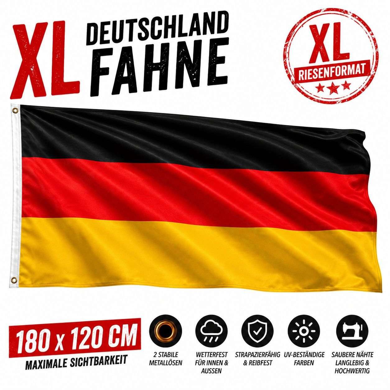 Taffstyle Fahne XL Deutschland Fahne 180cm x 120cm Flagge mit Ösen Hissflagge (Große Deutschland Flagge mit Metallösen für Fußball Fans und Events Public Viewing), doppelt genähnt