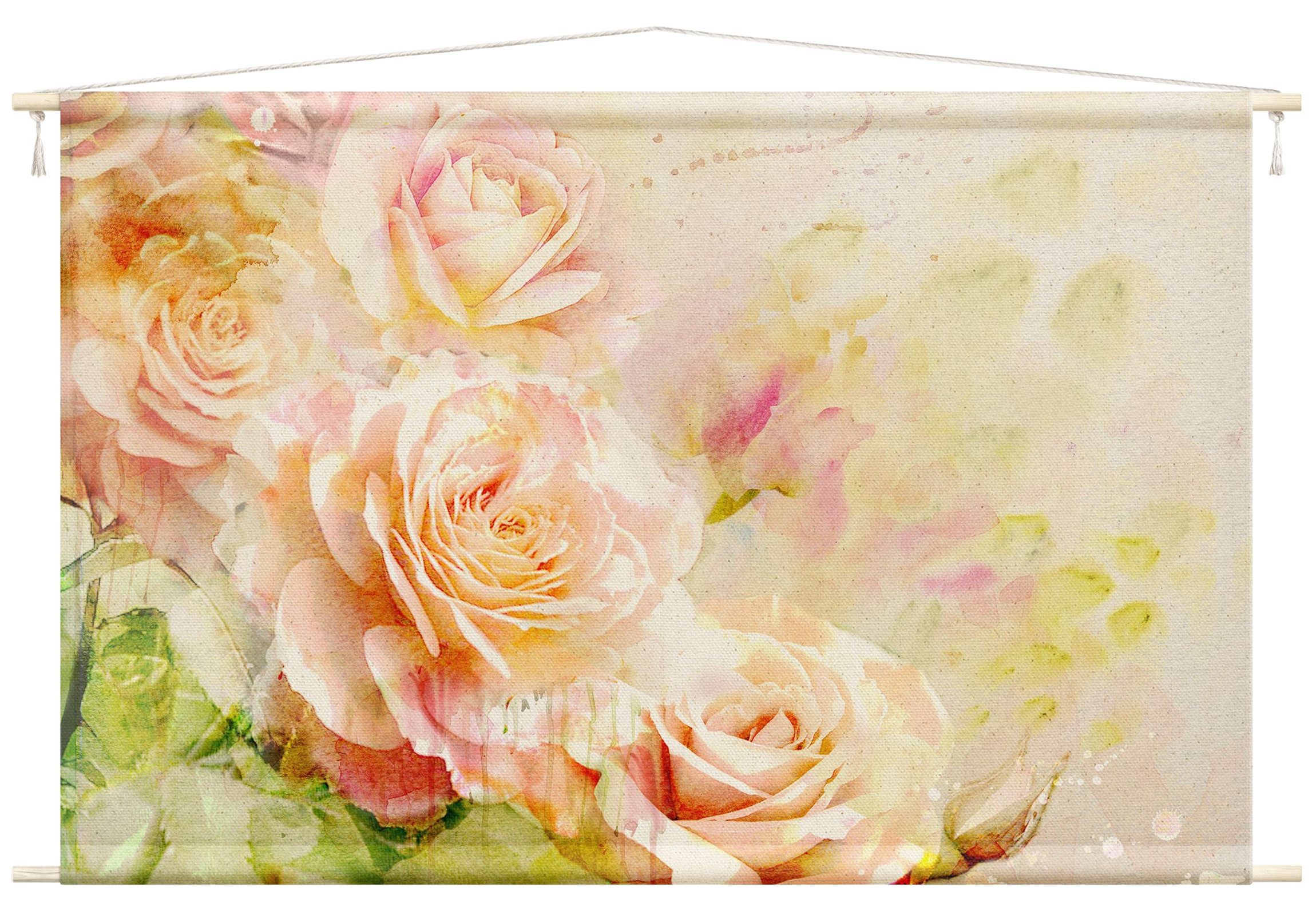 Bilderdepot24 Wandteppich modern Blumen Aquarell Rosen orange, rechteckig, Höhe: 2.6 mm, großes Wandbild aus Natur-Baumwolle Wandbehang Stoffbild Tuch Wollseil