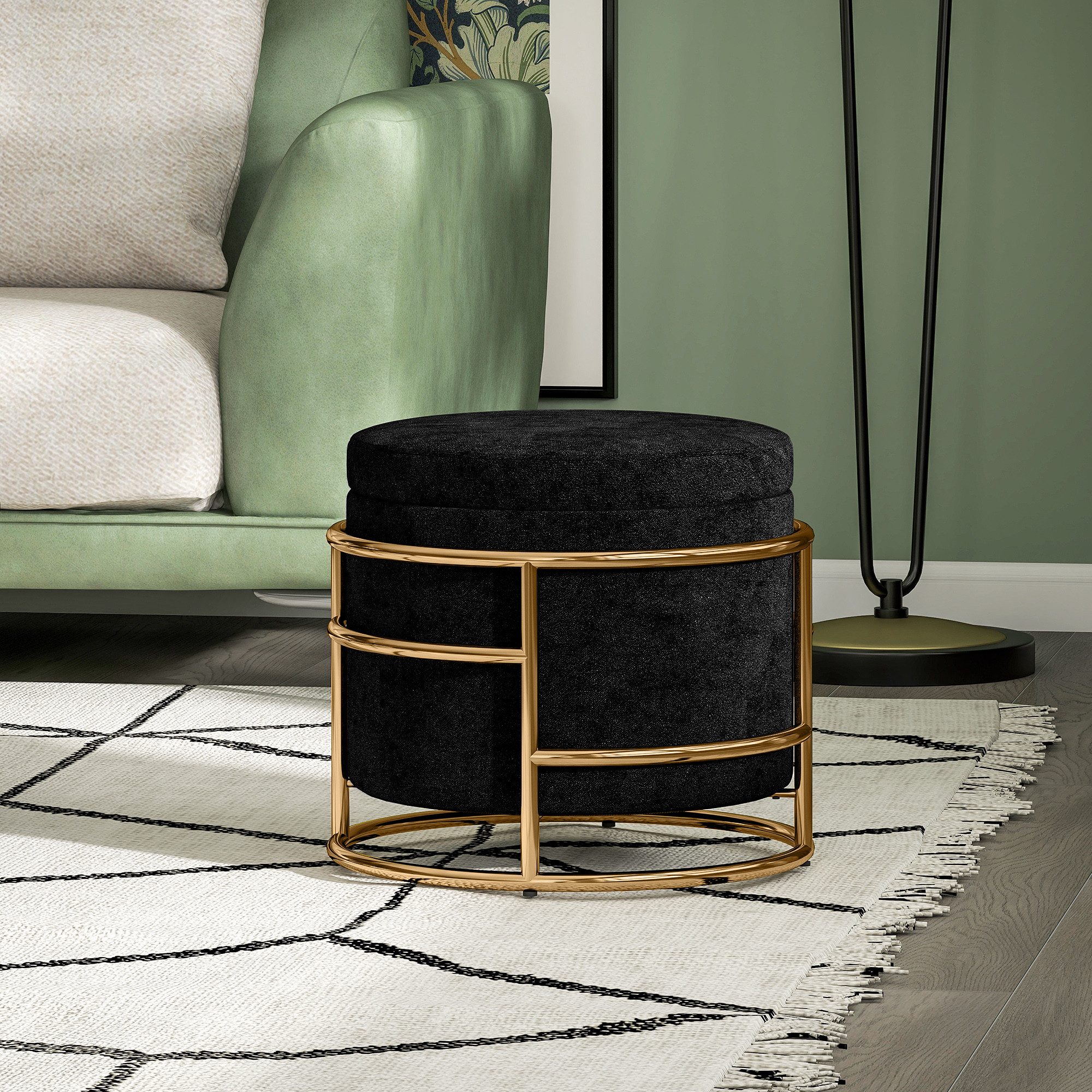 HOMCOM Sitzhocker Kleiner Hocker mit Deckel, runder Polsterhocker, mit Stauraum (Fußhocker, 1 St., Polsterhocker mit Stahrahmen), für Wohnzimmer Schlafzimmer, 42 x 42 x 39 cm, Schwarz