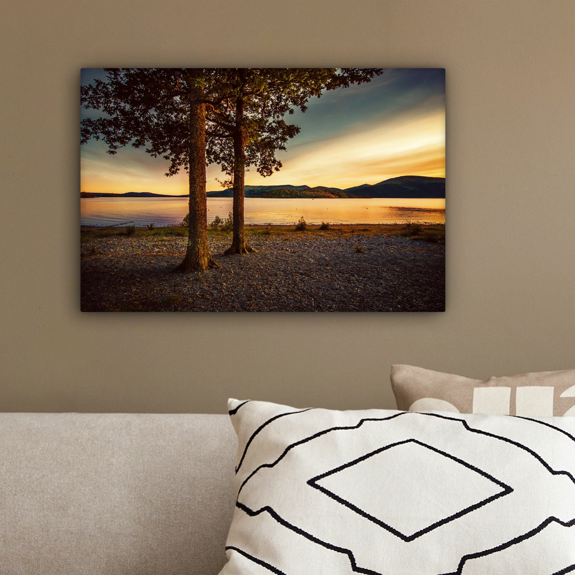 bunten (1 Leinwandbild Aufhängefertig, einem Zwei cm Bäume Wandbild Himmel, Lomond Leinwandbilder, des 30x20 Wanddeko, am Sees Loch OneMillionCanvasses® mit Rande St),
