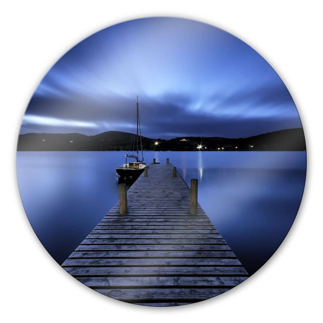 Glasbild Glas Wandbild Rund Glasbild Steg im See Affirmationen Wellness