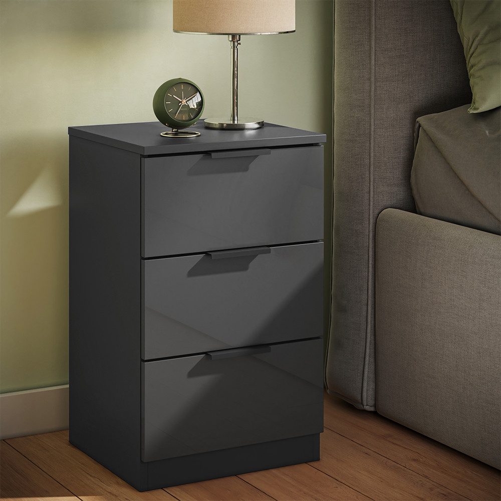 Vicco Nachtschrank Fino, Schwarz Hochglanz, 37.6 x 61.8 cm mit 3 Schubladen (1-St)