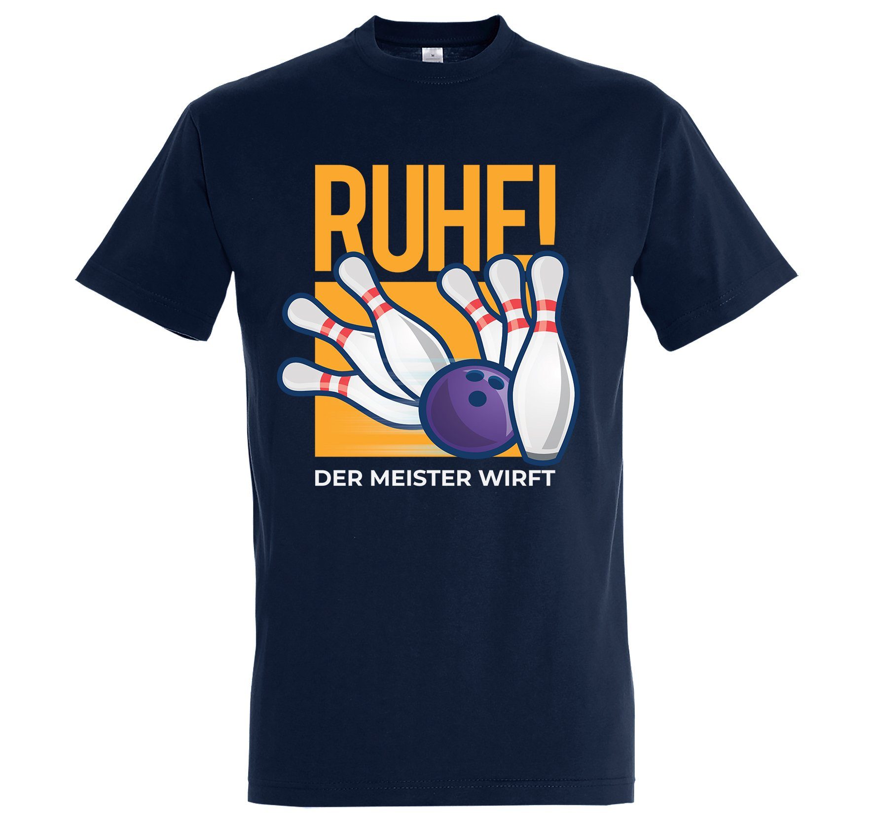 Youth Designz T-Shirt "Ruhe, Der Meister Wirft" Bowling Herren Shirt mit lustigem Frontprint Navyblau