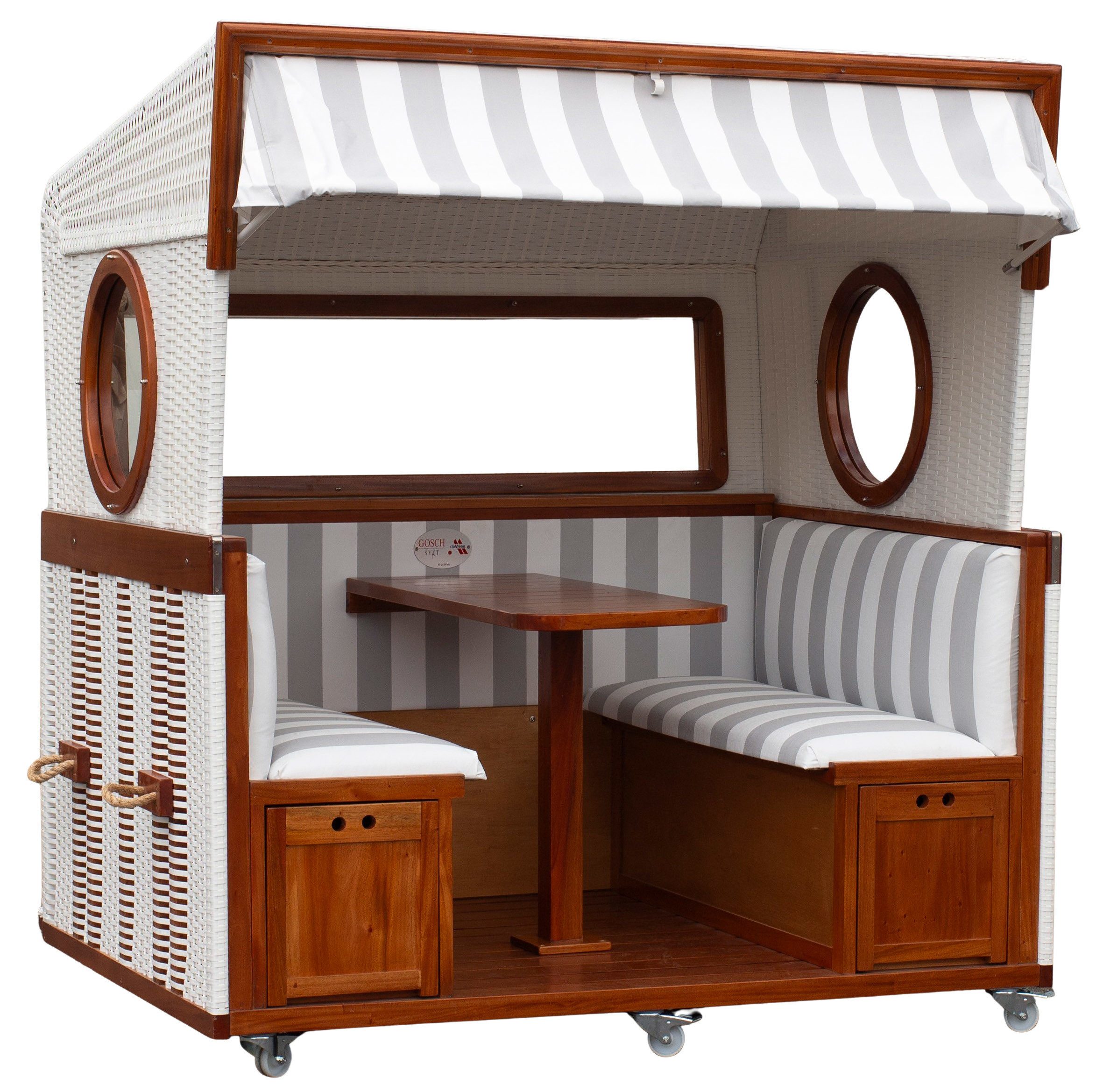 MR.DEKO Strandkorb Gosch-Lounge 6-Sitzer, 200x207x158 cm, weiß-grau Dessin 989, BxTxH: 200x158x207 cm, Gosch-Lounge, (6 Personen, inkl. Tisch, Stauraum & Rollen – für Outdoor geeignet, 1-tlg), Применить montiert, Strandkorb XXL Mahagoni, PE-Geflecht, Sicherheitsglas