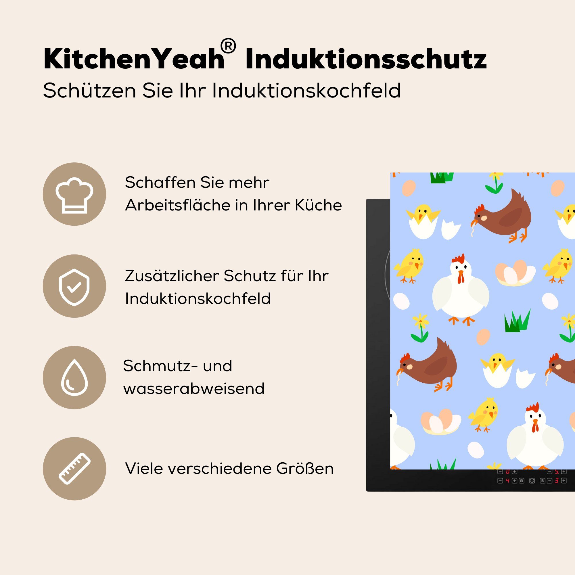 Design küche Vinyl, für Huhn Herdblende-/Abdeckplatte 78x78 Ei, Ceranfeldabdeckung, Arbeitsplatte (1 tlg), - cm, - MuchoWow