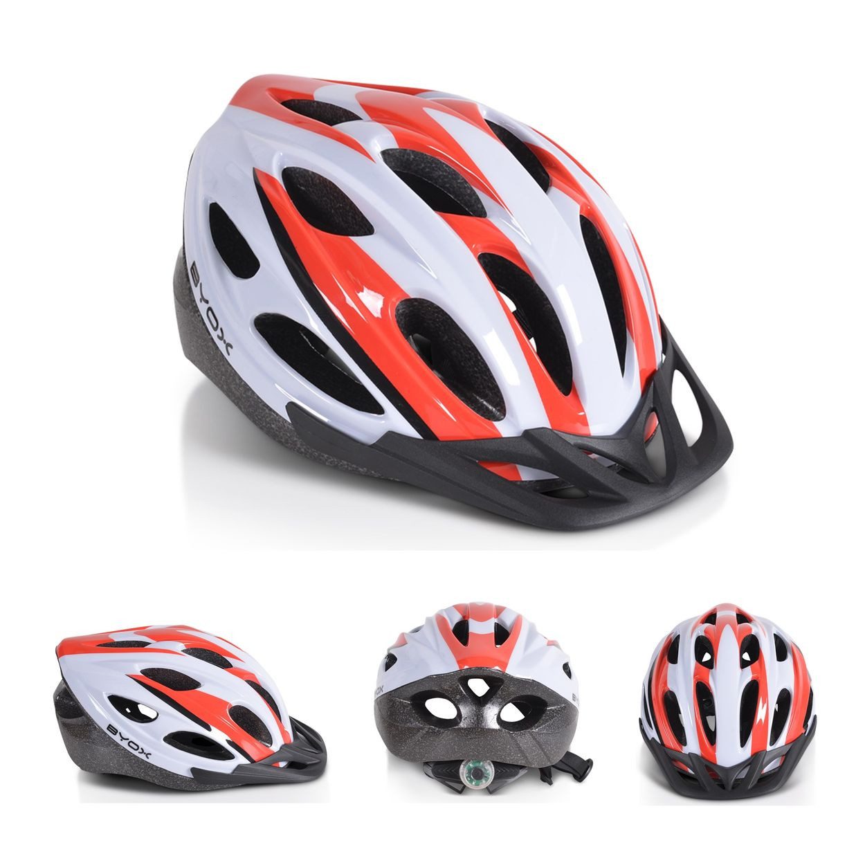 Byox Kinderhelm Y02, Größe L 58-62 cm, 17 Löcher, LED-Licht, EPS + PVC-Schale, einstellbar