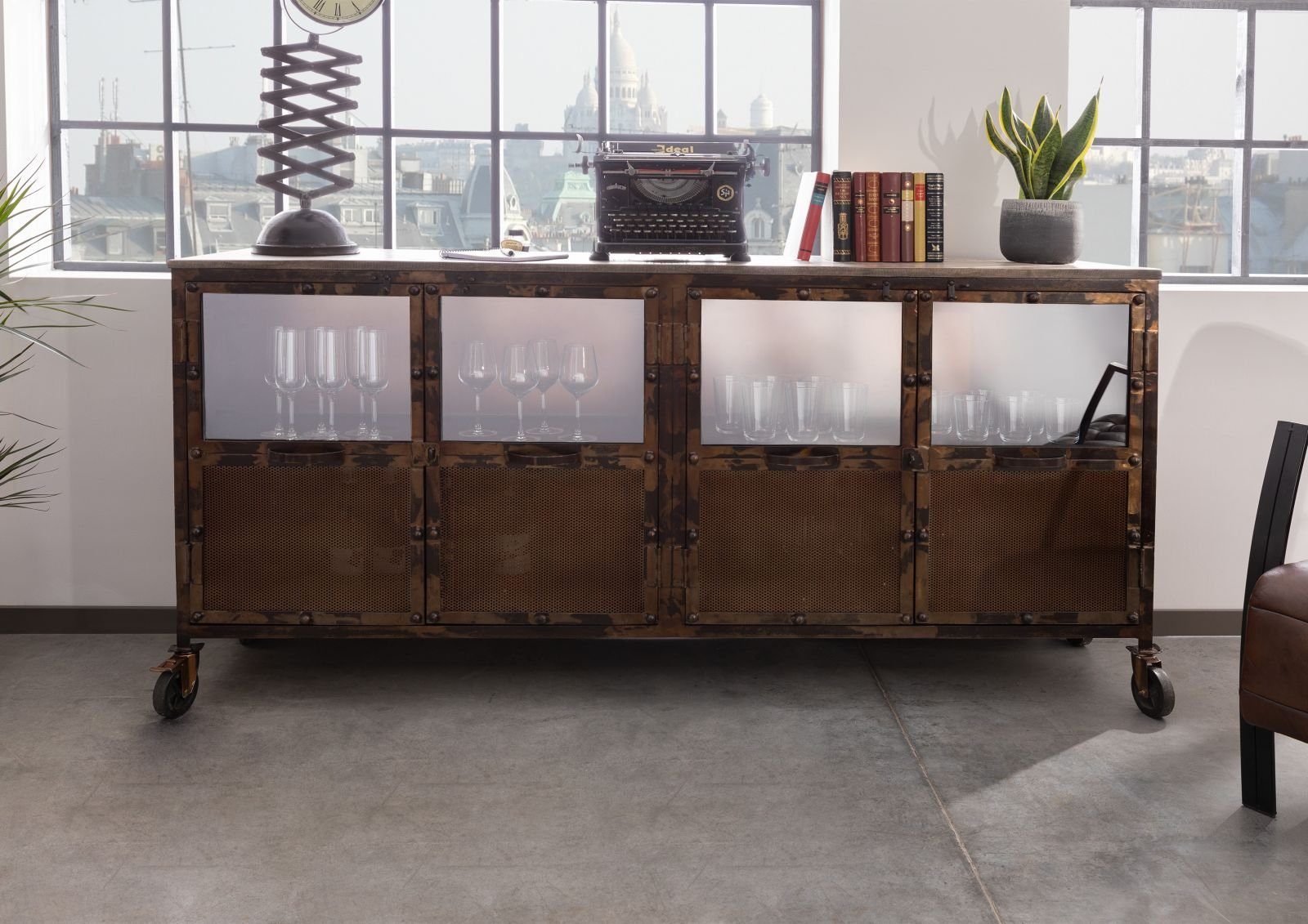 Massivmoebel24 Sideboard HEAVY INDUSTRY (Massivholz), Sideboard Mango 180x40x90 braun lackiert HEAVY INDUSTRY #215