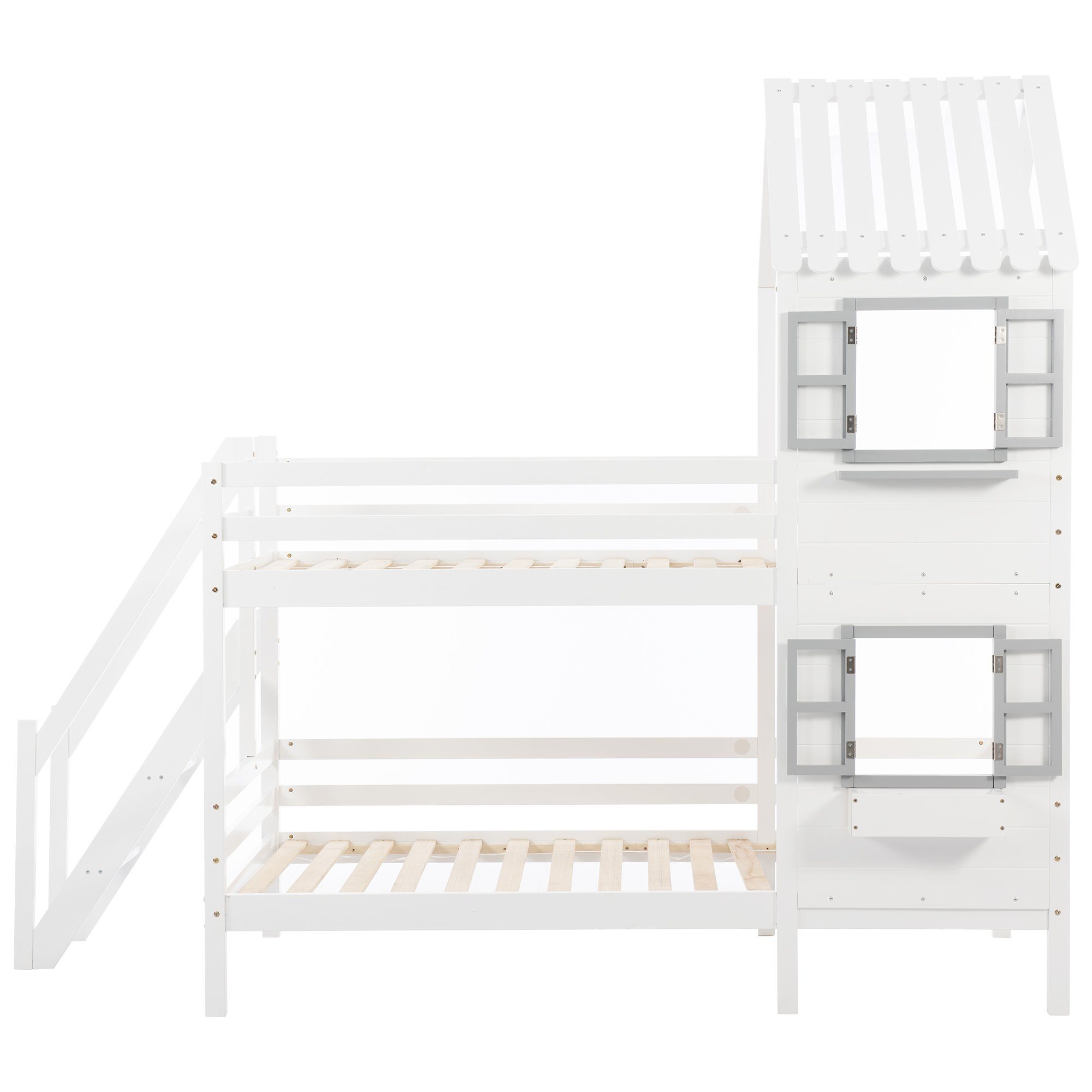 2 Rausfallschutz, (90x200 Treppe Kieferholz, mit weiß Hausbett und inkl. Rollrost Schlafgelegenheiten, inkl. cm), SOFTWEARY Etagenbett Kinderbett Hochbett aus Holzbett