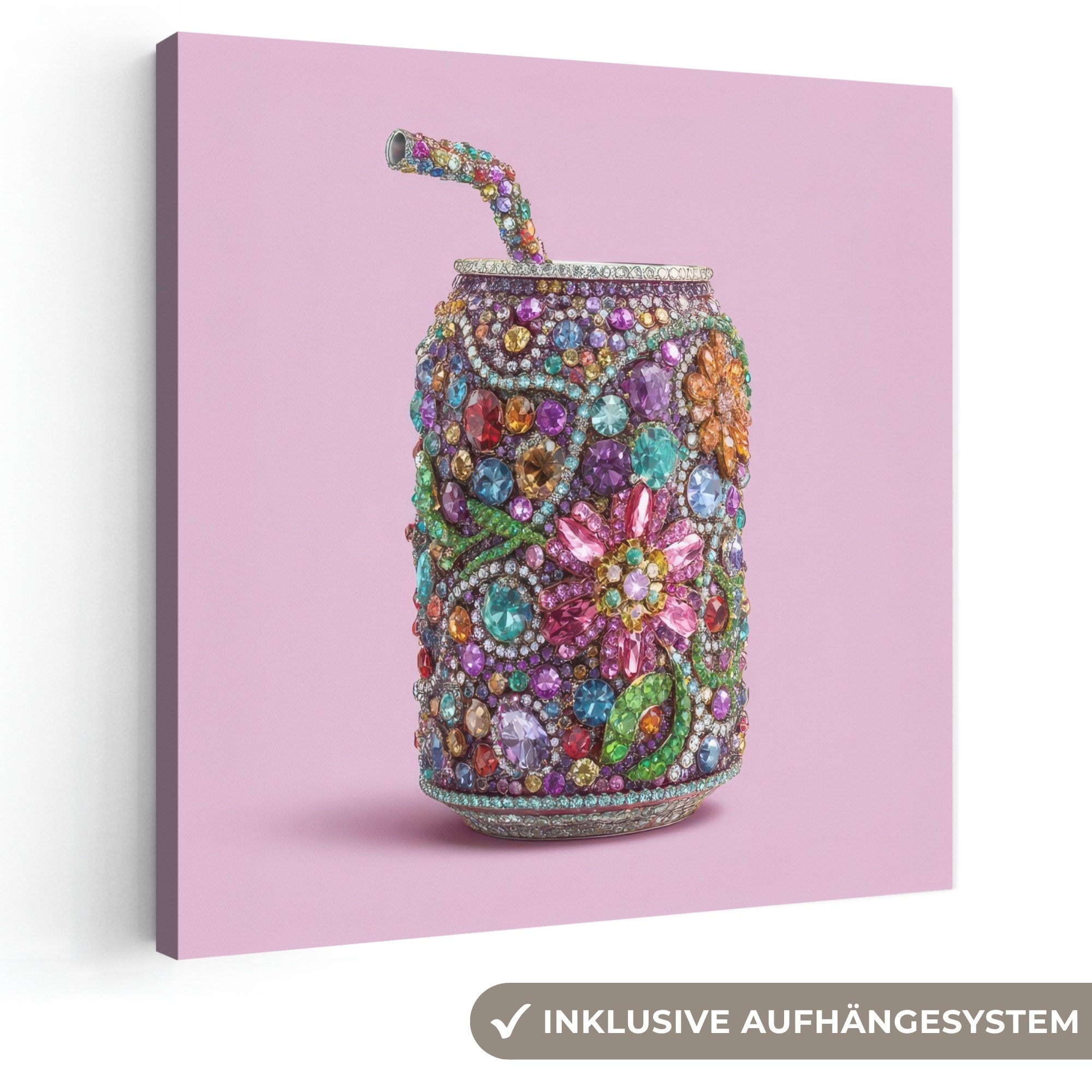 OneMillionCanvasses® Leinwandbild Getränkedose - Blumenmuster - Edelsteine - Farbenfroh, Fotodruck (1 St), Wandbild, Deko Schlafzimmer Wohnzimmer Flur 20x20 cm