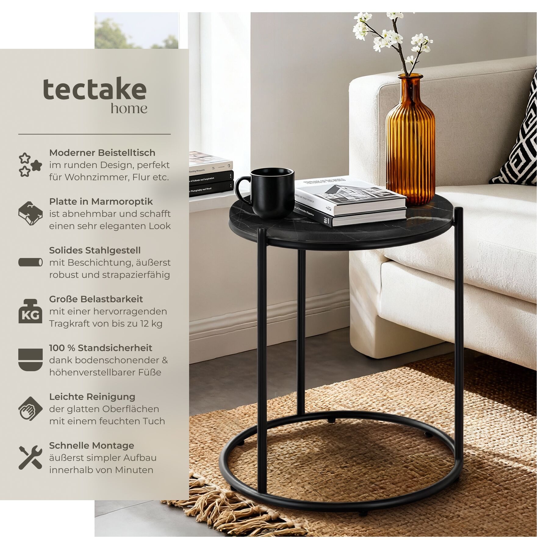 tectake Beistelltisch Couchtisch Ellsa, hochwertige Platte in Marmoroptik mit Stahlgestell (1-St., Komplettset), höhenverstellbare Kunststofffüße, Belastbarkeit 12 kg