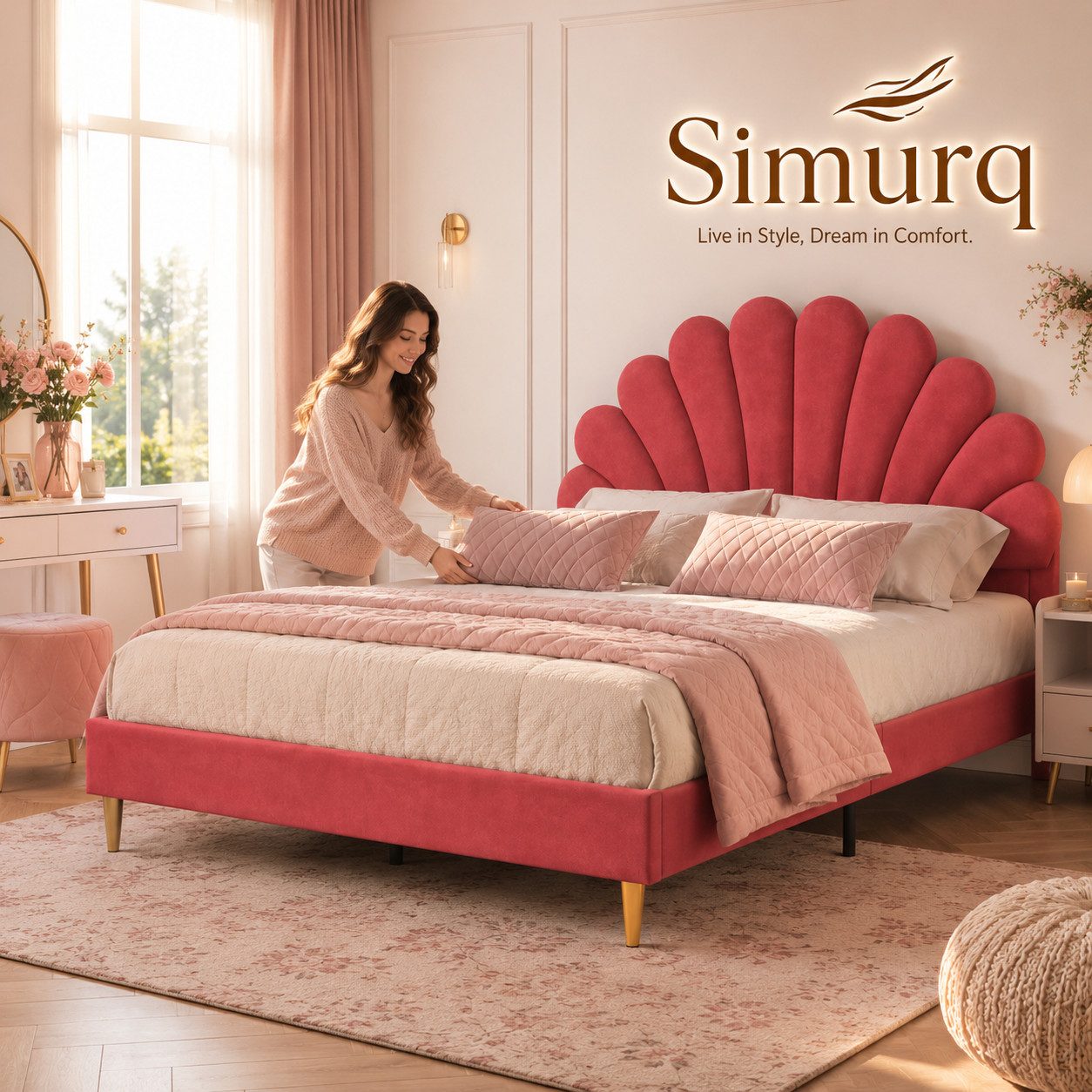 Simurq Polsterbett Kinderbett 140x200 für Mädchen,Bettgestell mit Lattenrost,Samtstoff (Versand in 2 Paketen, Mädchen Bett für kinder/Erwachsenen,Ohne Matratze), Prinzessin Bett, Beige Doppelbett mit Kopfteil in Blumenform