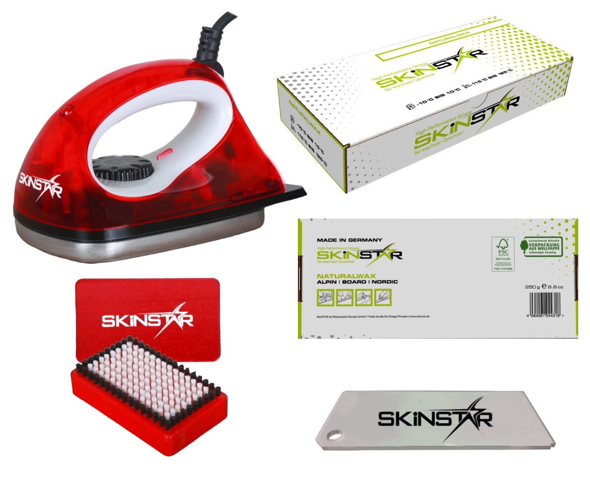 SkinStar Ski SKINSTAR Starter Ski Wachs Set Wachsbügeleisen Bürste Natural Wax