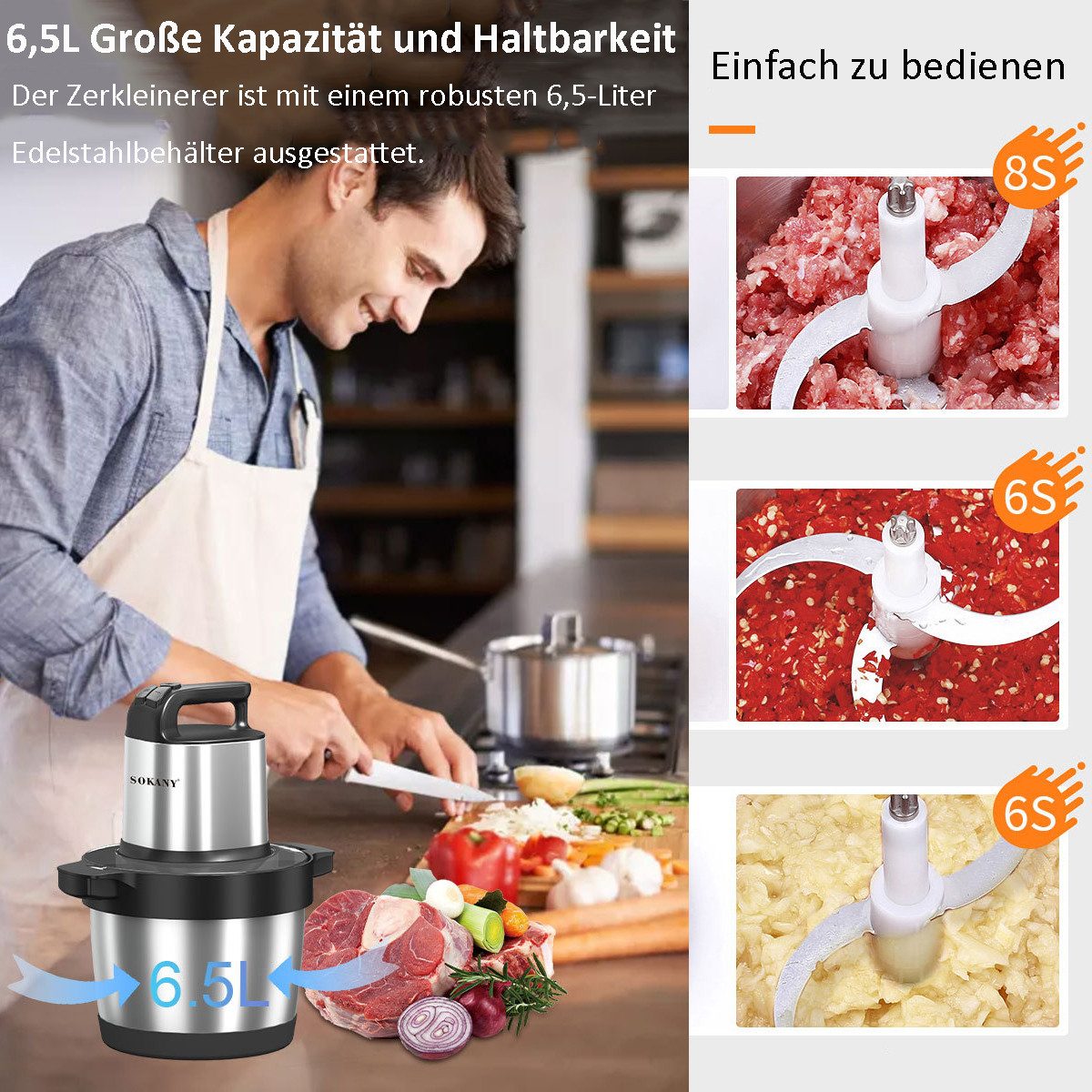 SOKANY Zerkleinerer Küche Elektrisch Groß 6,5L Multizerkleinerer, 1500 W