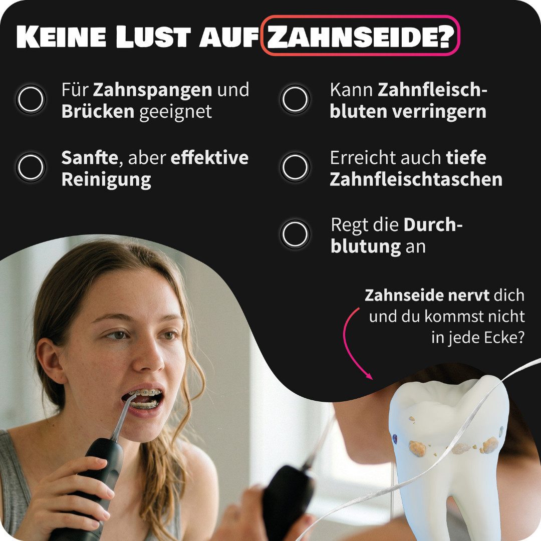 Zahnheld Munddusche Elektrische Zahndusche Aquadent für Zahnzwischenräume, Zahnpflege, Water Flosser, mit abnehmbaren Wassertank 170ml und Düse