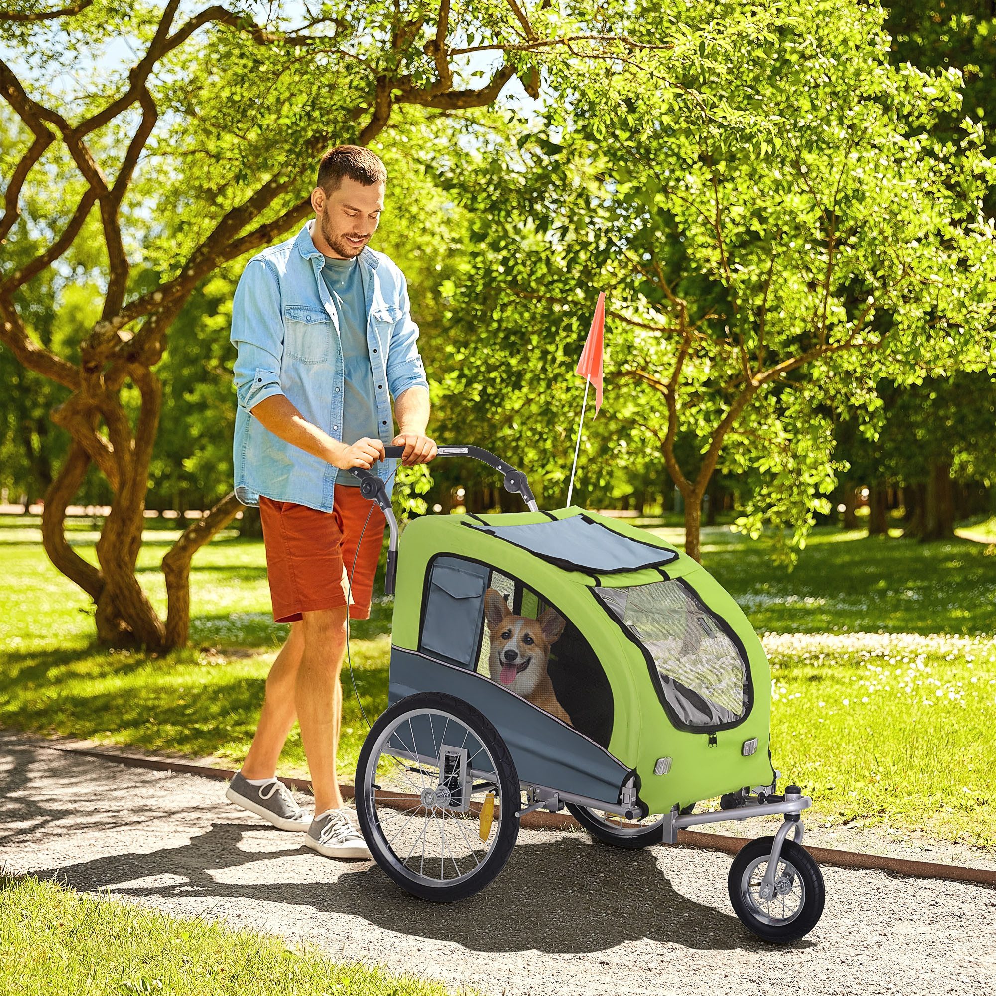 PawHut Fahrradhundeanhänger Fahrrad-anhänger, Hunde-buggy, mit Schiebefunktion, klappbar, für Garten, Balkon, Grün+Grau