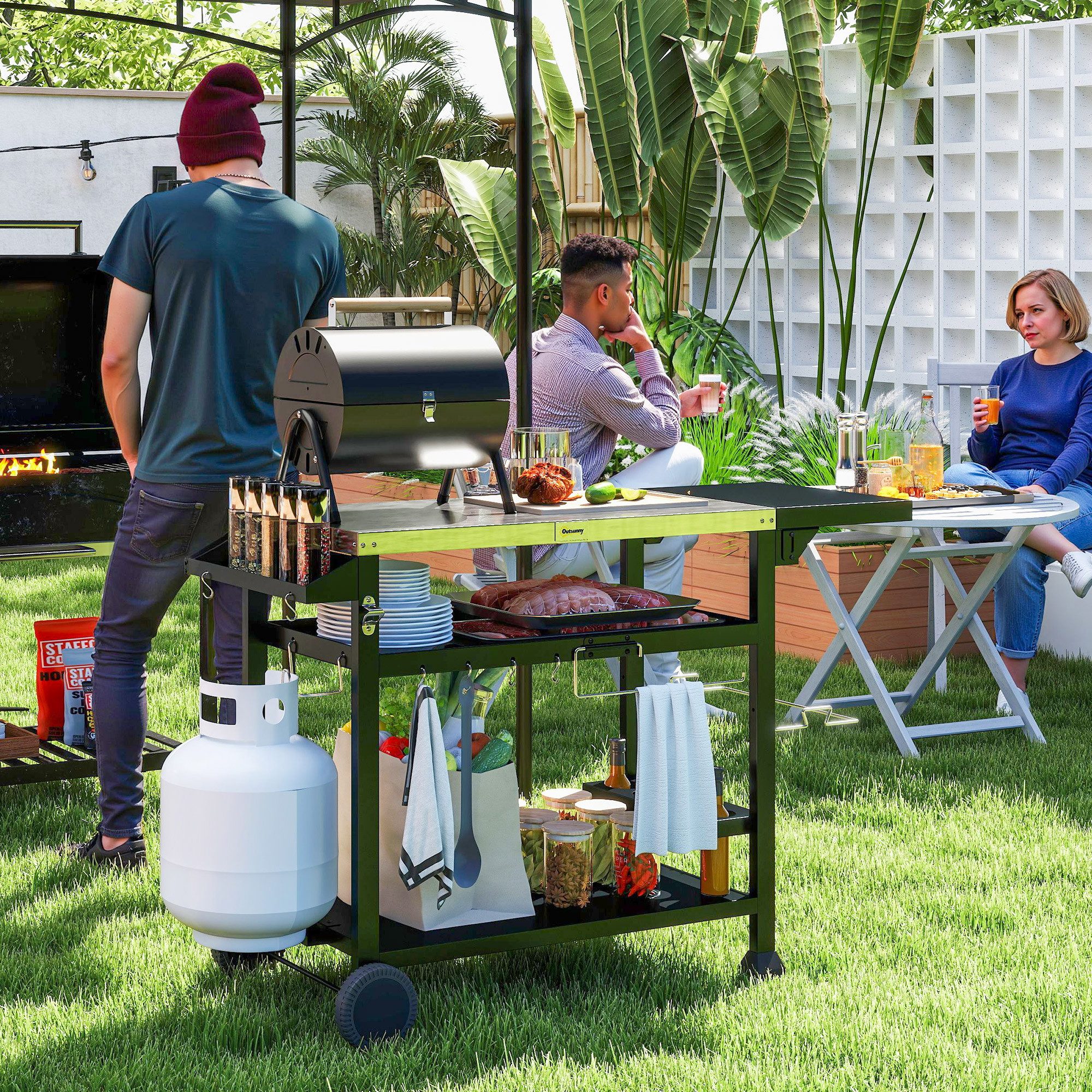 Outsunny Servierwagen Grilltisch mit klappbarem Beistelltisch, (Servierwagen, 1 St., Grill Trolley), mit Tischplatte aus Edelstahl für Outdoor, Schwarz