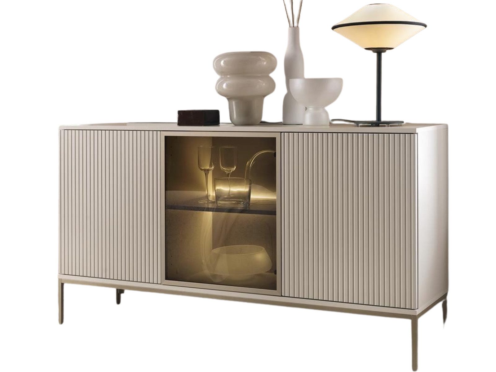 yourhouse24 Kommode SANTIA 154 cm 3D mit LED-Vitrine Lamellen Kaschmir Gold