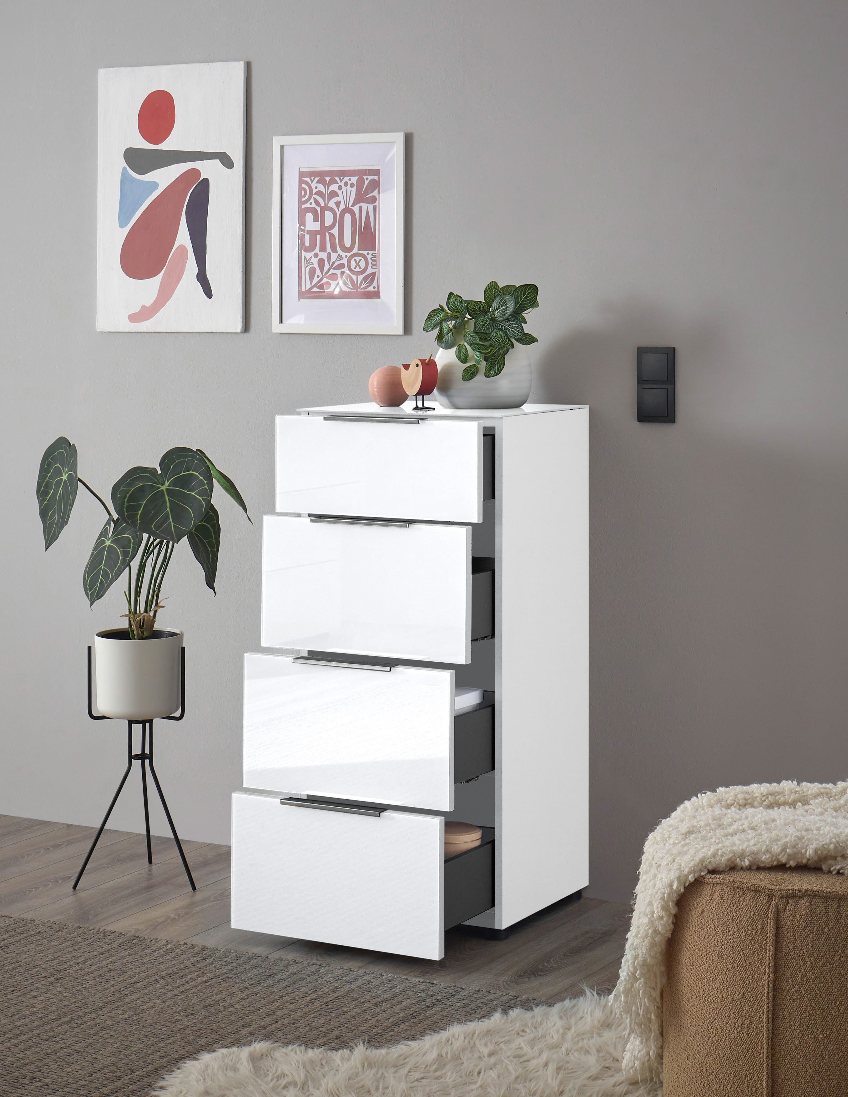 HBZ Kommode Santorin Mehrzweckschrank mit Schubkästen, BxHxT 45x99x40 cm (1 St), Mit 4 Schubkästen mit Softclose, Glasfront und Glasoberboden