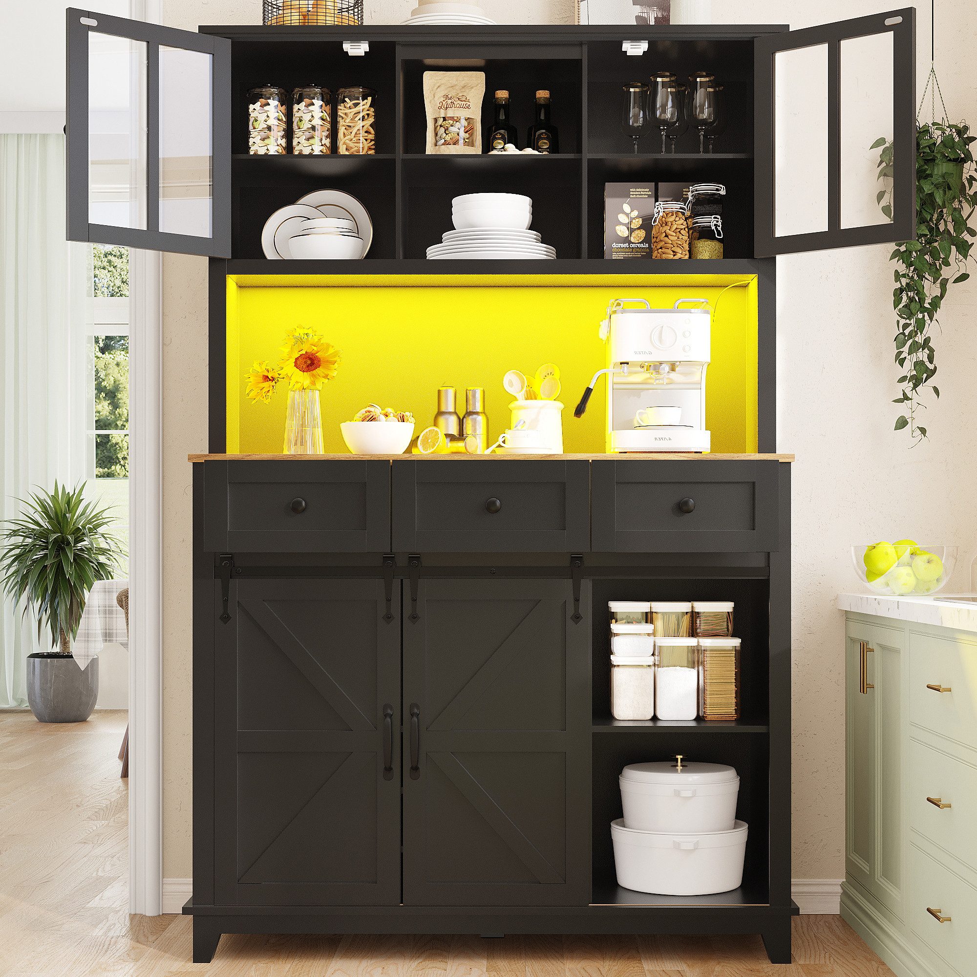 Flieks Küchenbuffet mit LED-Beleuchtung und Weinregal (Vitrinenschrank mit Schubladen und Glastüren, 1-St., B105/T40/H180 cm) Hochschrank Küchenschrank Geschirr – Bild 2 von 5