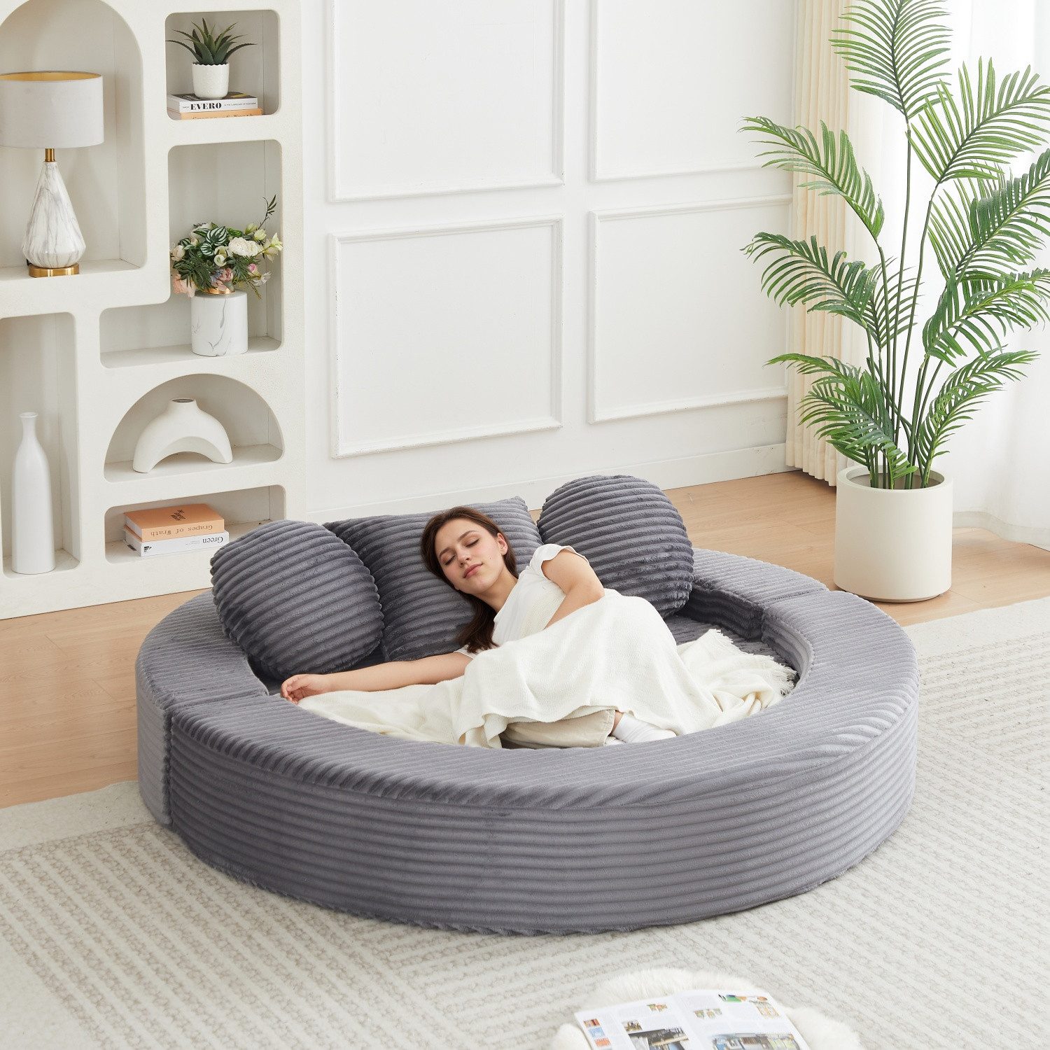 ANYSUN Schlafsofa mit Schlaffunktion,Multifunktionales Sofa mit Hocker,4-in-1 Schlafsofa, Cord-Schlafsofa,Bequemes Einzelsitz-Bodensofa,halbrundes Sofa, Zwei runde Kissen und ein quadratisches Kissen,fur Wohnzimmer, Wohnung