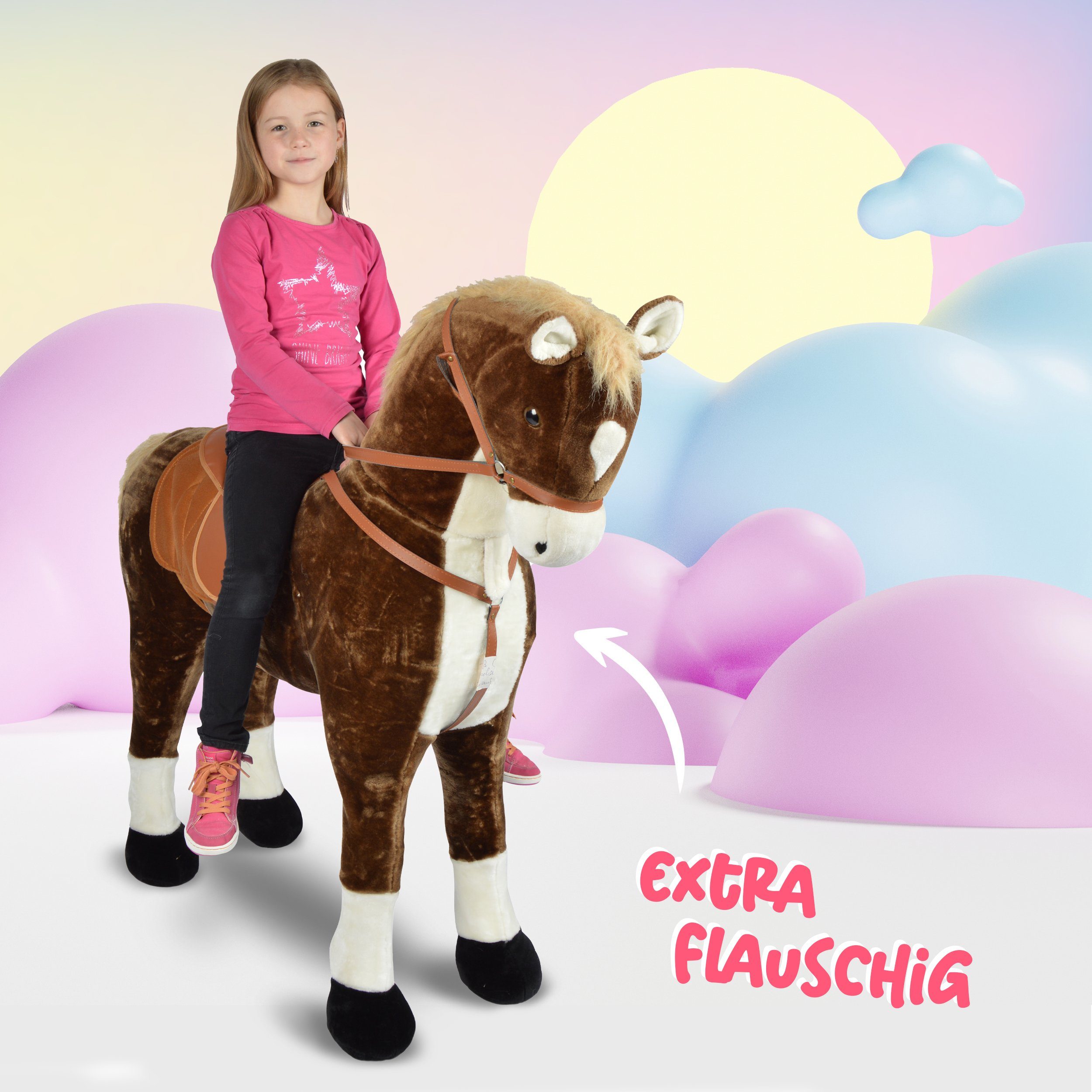 Pink Papaya Stehpferd Giant XXL 125 cm Kinder Stehpferd zum Reiten Plüschpferd, Fast lebensgroßes Spielpferd mit Sounds bis 100kg belastbar