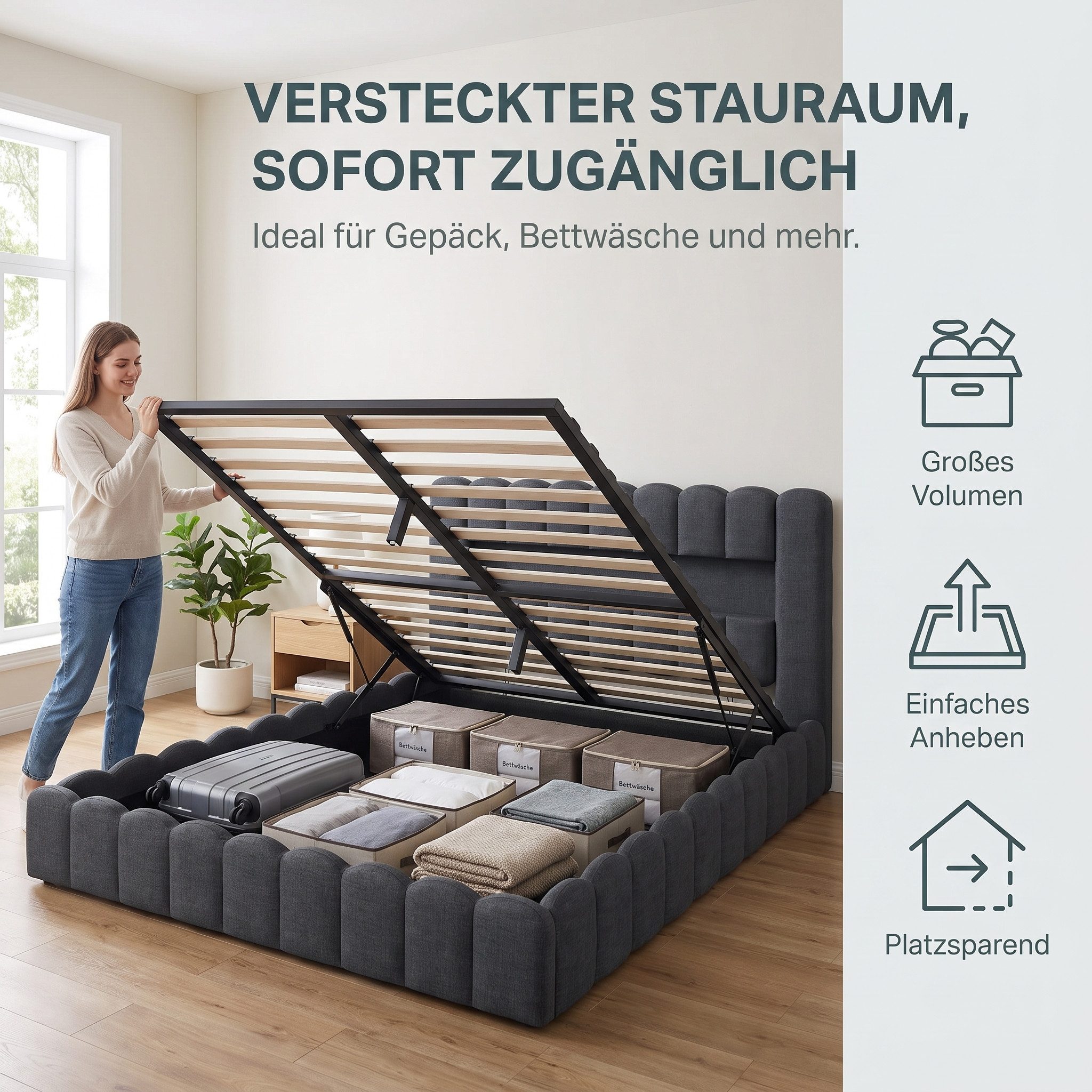 Simurq Polsterbett Doppelbett mit Bettkasten,Bettgestell mit Lattenrost,Stauraumbett LED (Packung, 1-tlg., Boden Polsterbett, Stauraumbett,Schlafzimmerbett mit  – Bild 3 von 5