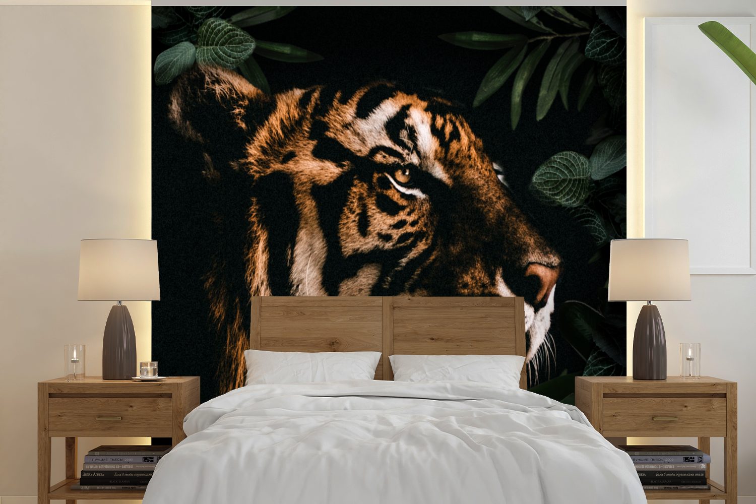 Tier, MuchoWow St), Vinyl oder Tapete - Wohnzimmer Fototapete Schlafzimmer, (5 bedruckt, - Tiger für Matt, Wandtapete Blätter