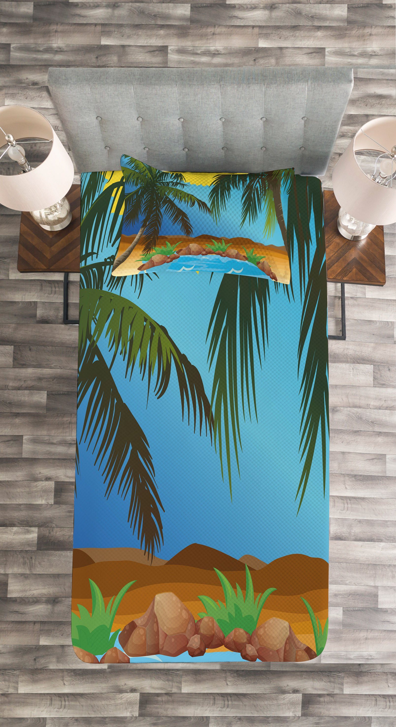 Oase Kissenbezügen Palmblätter Set Im Freien Tagesdecke Große Waschbar, mit Abakuhaus, Wilde