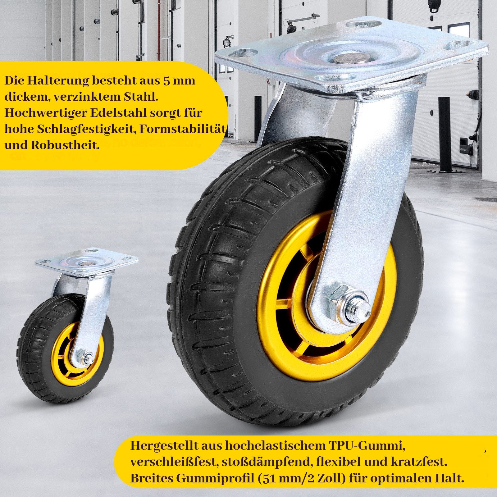 BlingBin Schwerlastrolle 4er Set drehbare Vollgummi-Rollen mit Bremse 100-200 mm, (4er Set, 4-St., Spezifikation: 6 Zoll Raddurchmesser: 150 mm, Tragkraft bis 800kg), mit Kugellager für Werkzeugwagen, Paletten und Möbel