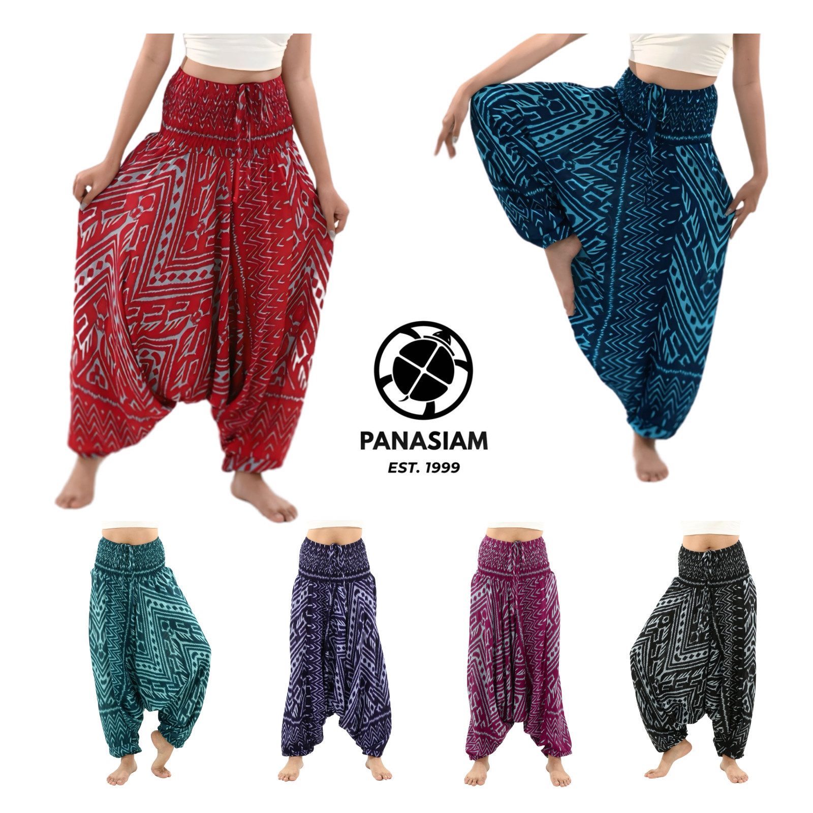 PANASIAM Haremshose weite Aladinhose aus 100% Viskose im Ethno Style mit breitem Gummibund lockere Haremshose Afghani Hose Pluderhose bequeme Realaxhose Pumphose