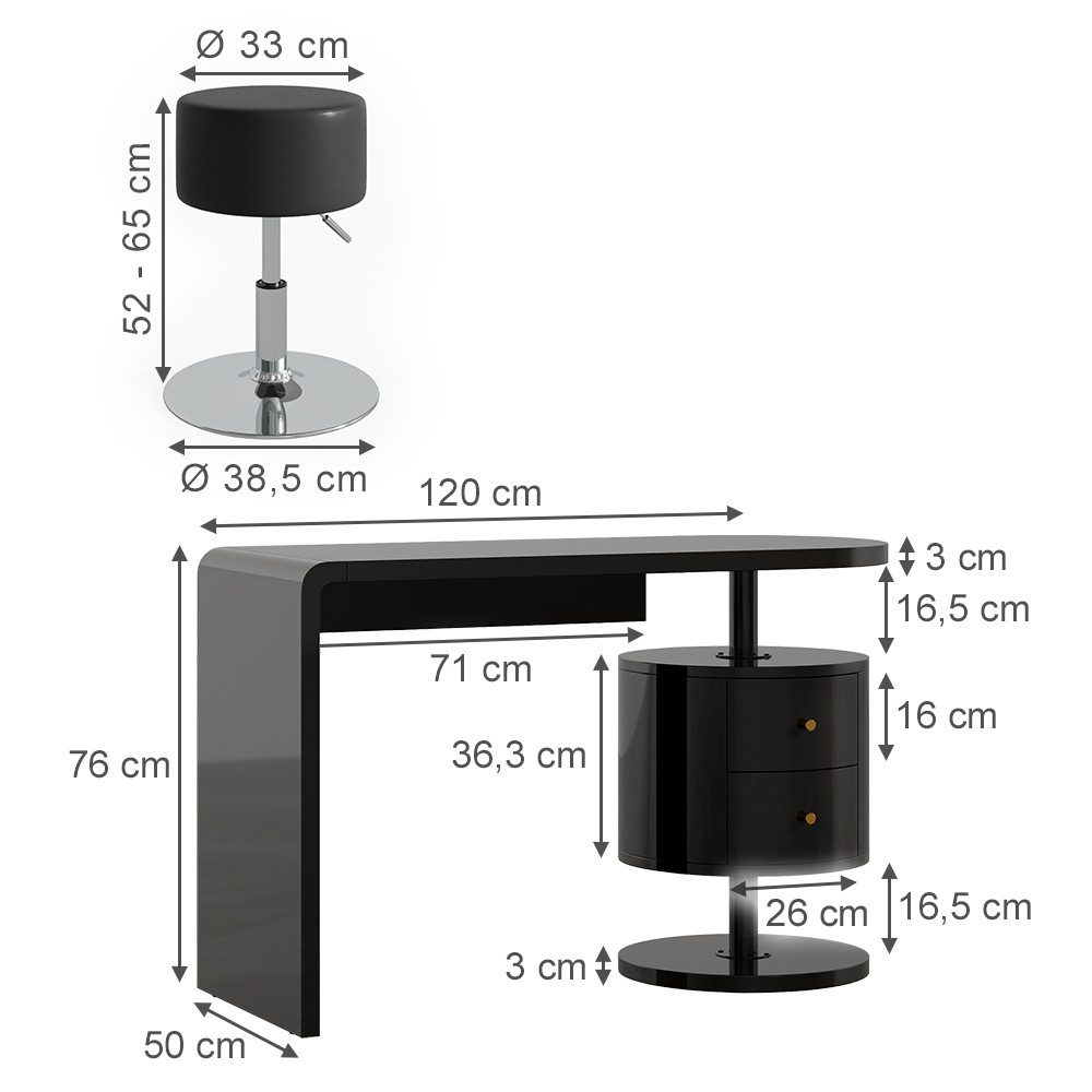 Vicco Schminktisch Lara, Schwarz Hochglanz, 120 cm 2 Schubladen (2-St)