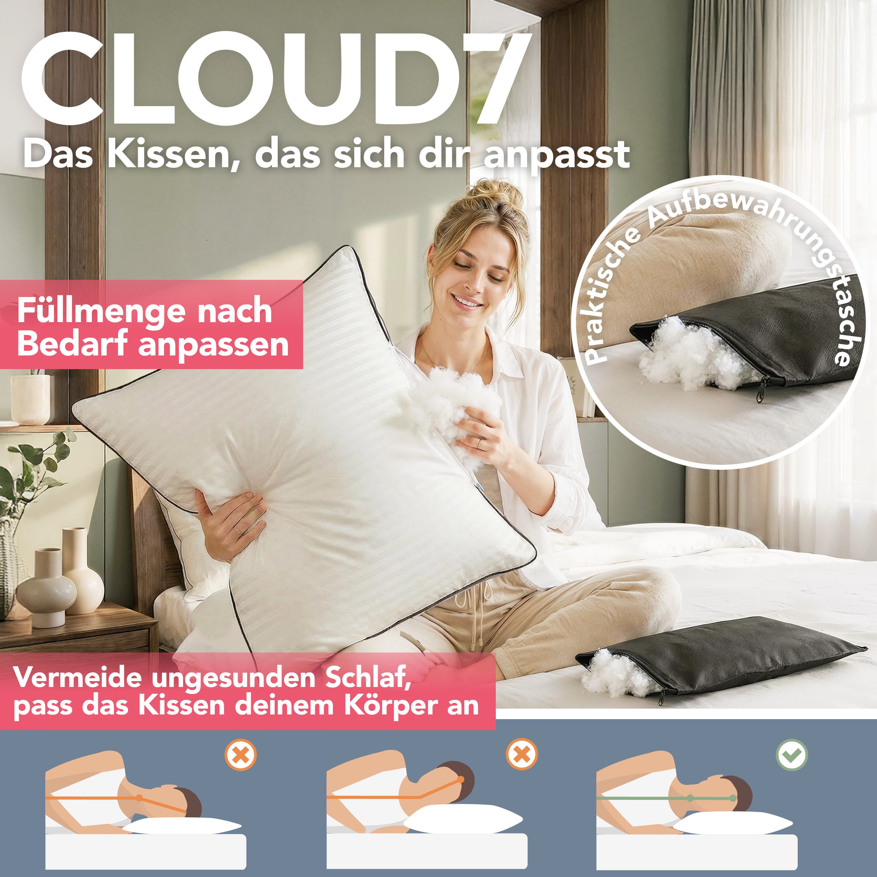 Blumtal Kopfkissen Premium Kopfkissen mit Ultra anpassbarer Nanofaser-Füllung, Seitenschläfer, Rückenschläfer, 1 oder 2-tlg., Paspel & Reißverschluss, ideal für Seiten-/Rückenschläfer, 95°C
